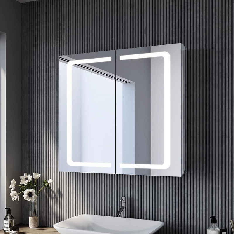 SONNI Spiegelschrank »Spiegelschrank Badezimmer mit Beleuchtung 70x65cm Edelstahl mit Steckdose Kippschalter Kabelloses Scharnier Design«