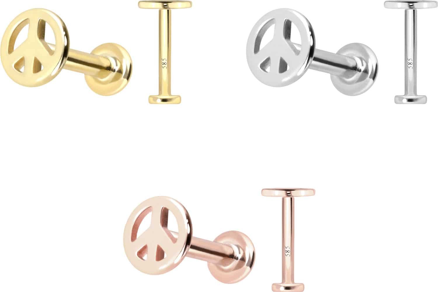 PIERCINGLINE Piercing-Set 14 Karat Gold Labret mit Innengewinde PEACE-ZEICHEN (Labrets, 1-tlg)