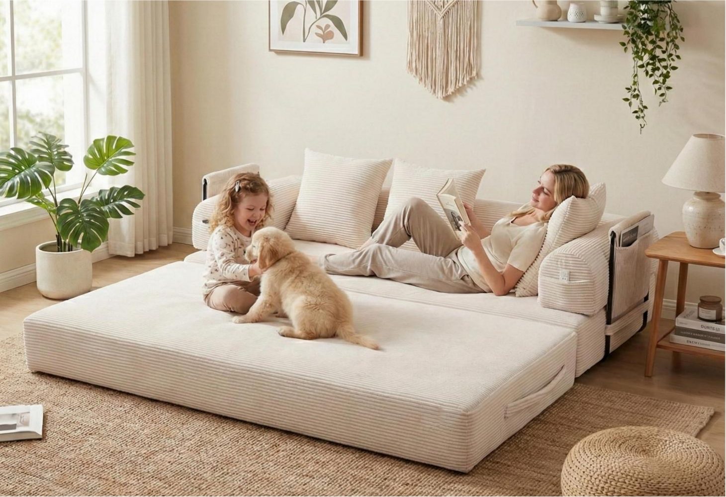 LVHOM Loungesofa faltbar mit Schlaffunktion, Stabil-/abnehmbarer Außenrahmen aus Metall, frei kombinierbar, Liege- oder Klappsofa, 3 Kissen, Hochelastischer Schaumstoff, weicher Cordstoff, Praktische Seitentaschen zur Aufbewahrung, Ideal für flexible Raumgestaltung in Wohn- oder Kleinwohnungen, Tragfähigkeit 300kg, als Gästebett nutzbar,Arbeitszimmer/Wohnzimmer