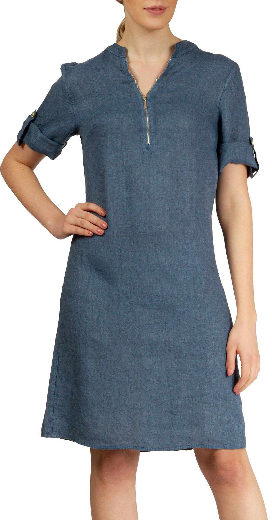 Sommerkleid SKL037 knielanges Damen Leinenkleid mit Reißverschluss Ausschnitt