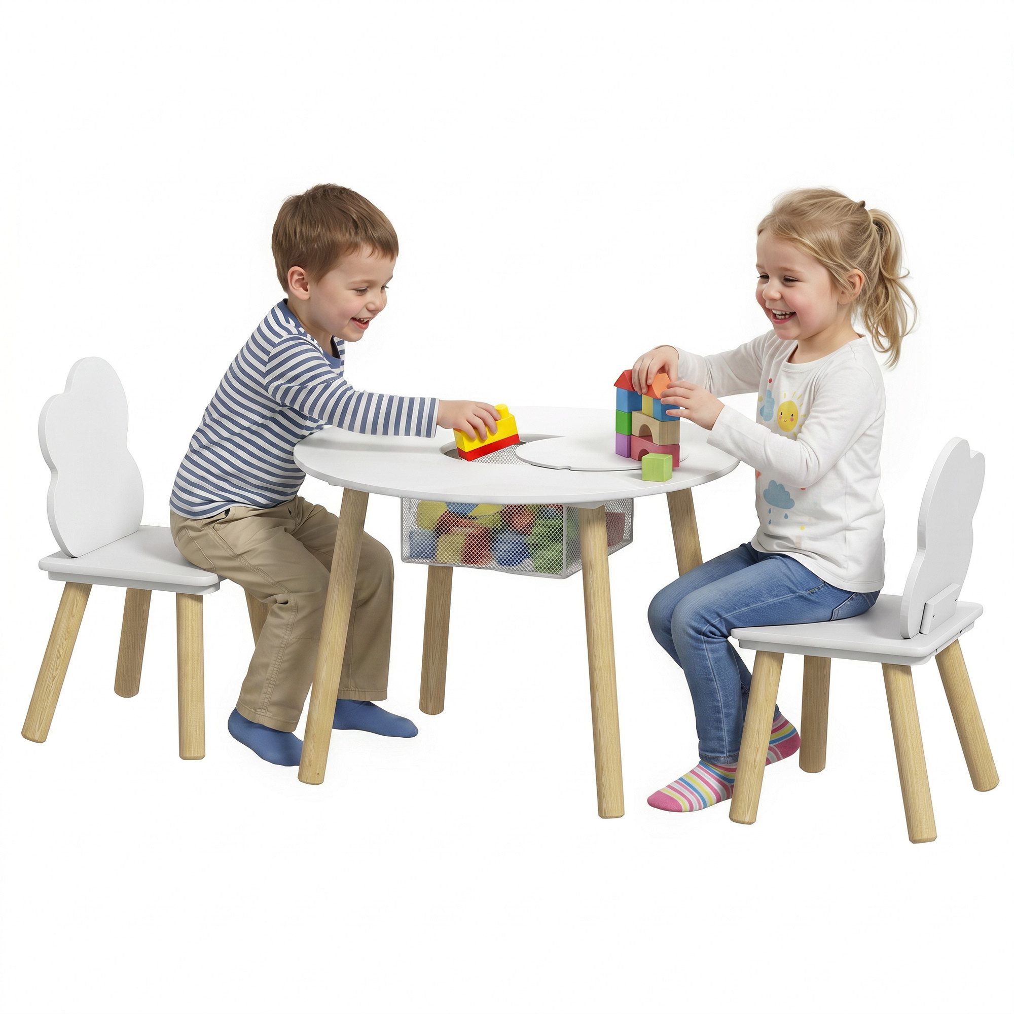 AIYAPLAY Kindersitzgruppe Kindertisch mit Aufbewahrungsnetz, Wolken-Design, Tisch Stuhl Set, (mit Holzbeinen, 3-tlg., 1 Tisch, 2 Stühle), für Kinderzimmer, für 3-6 Jahre Kinder, Weiß