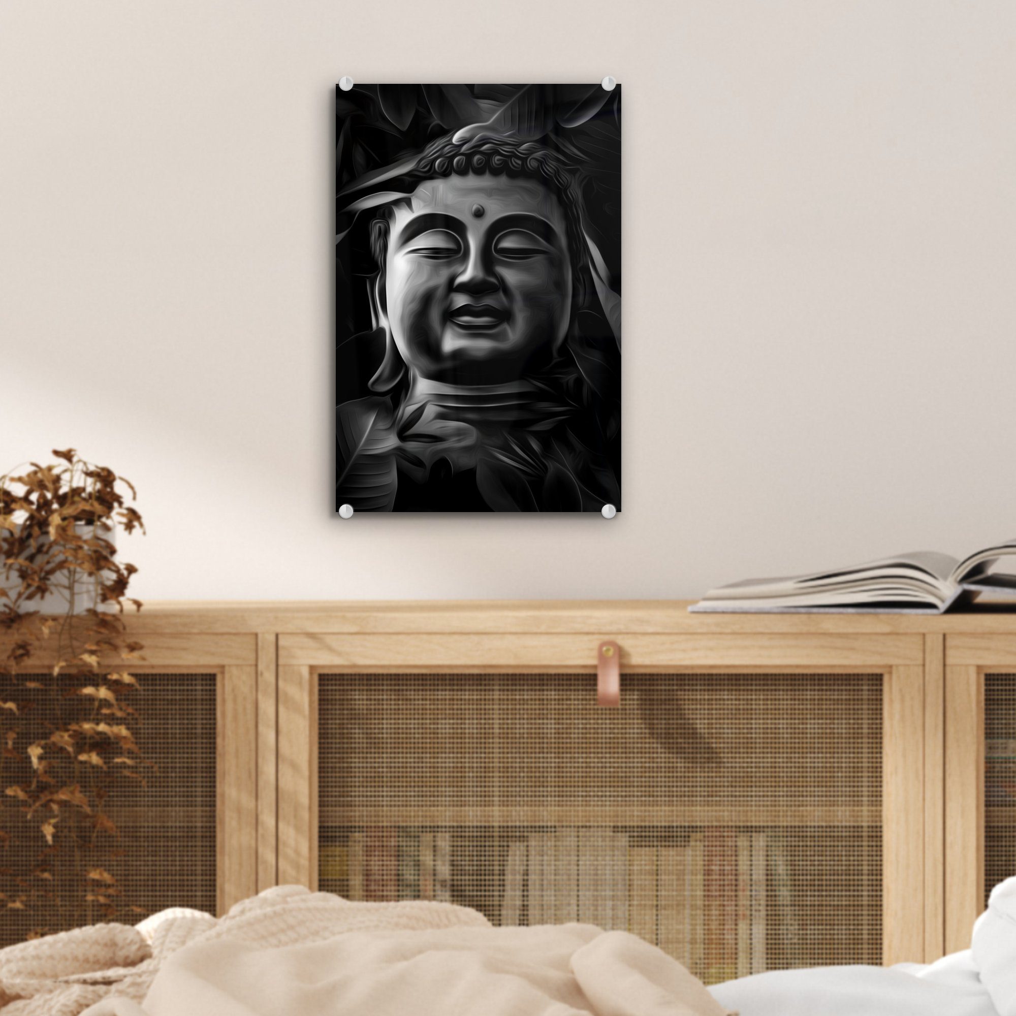 Wanddekoration auf mit und - (1 Glasbilder - Wandbild eines MuchoWow Buddha Glas St), Kopfes Bilder Blättern des Foto Acrylglasbild bunt schwarz auf - Glas weiß, Illustration -