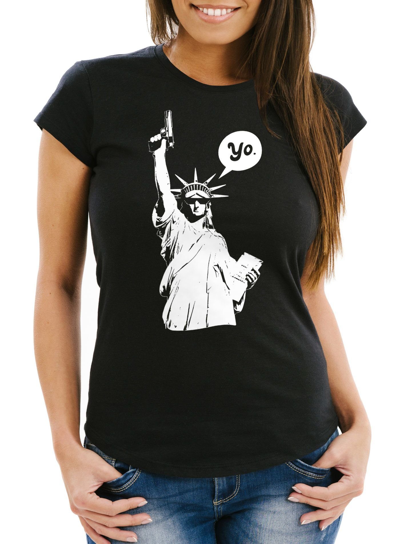 MoonWorks Print-Shirt Damen T-Shirt Freiheitsstatue Liberty Statue Amerika Slim Fit mit Print