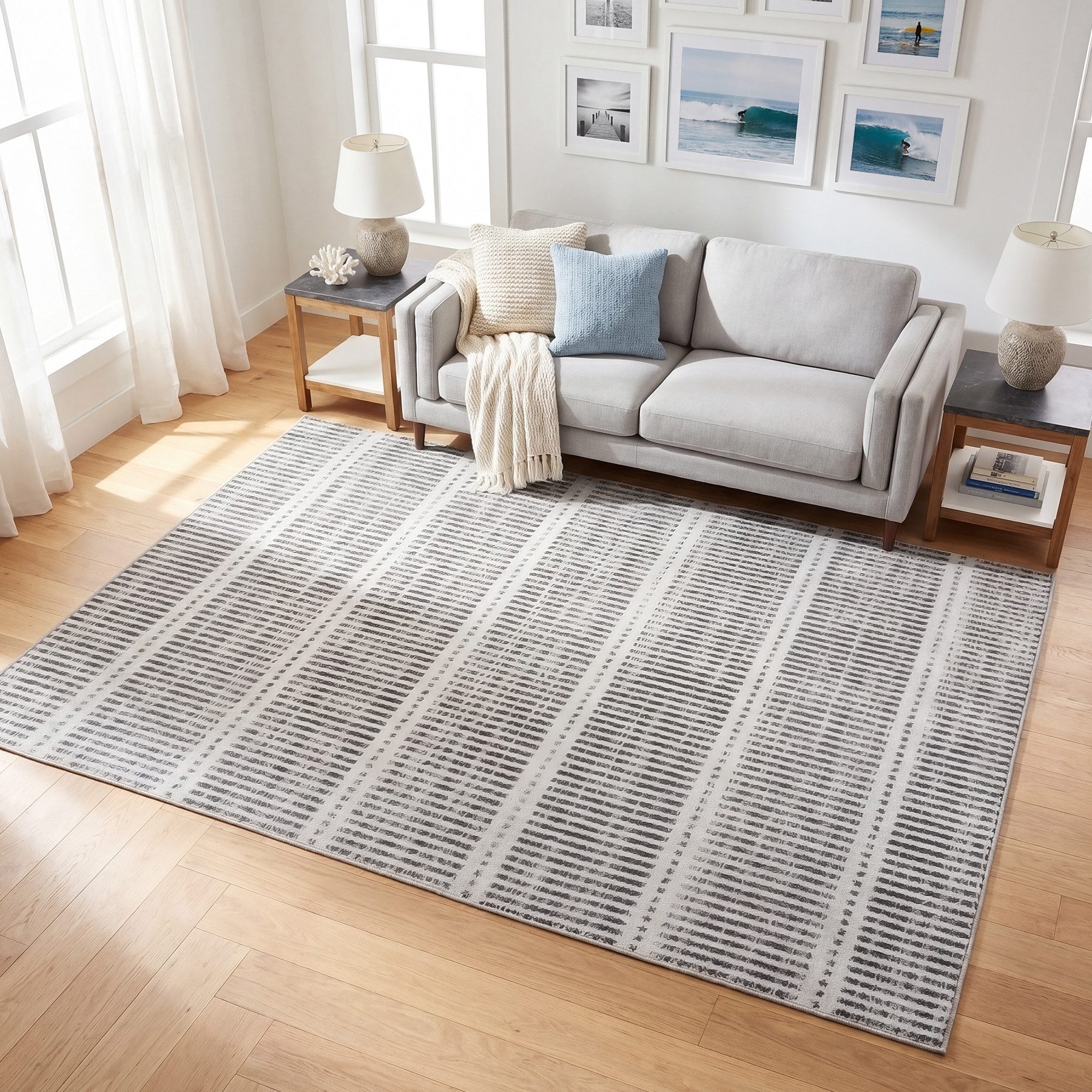 Tribesigns Teppich Waschbarer Kurzflor Teppich, ultradünn, rutschfest, 160 x 230cm, mit Streifen-Design im Landhausstil, für Wohnzimmer