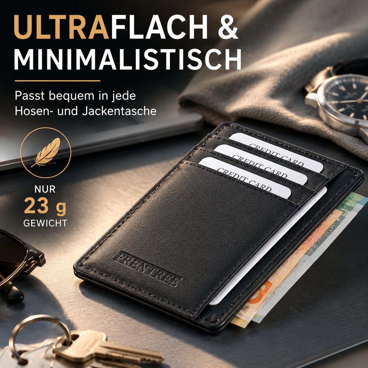 Frentree Kartenetui "Mini"-Geldbörse, minimalistischer Kartenhalter aus Echtleder, für bis zu 10 Karten und Geldscheine, mit integriertem RFID Schutz