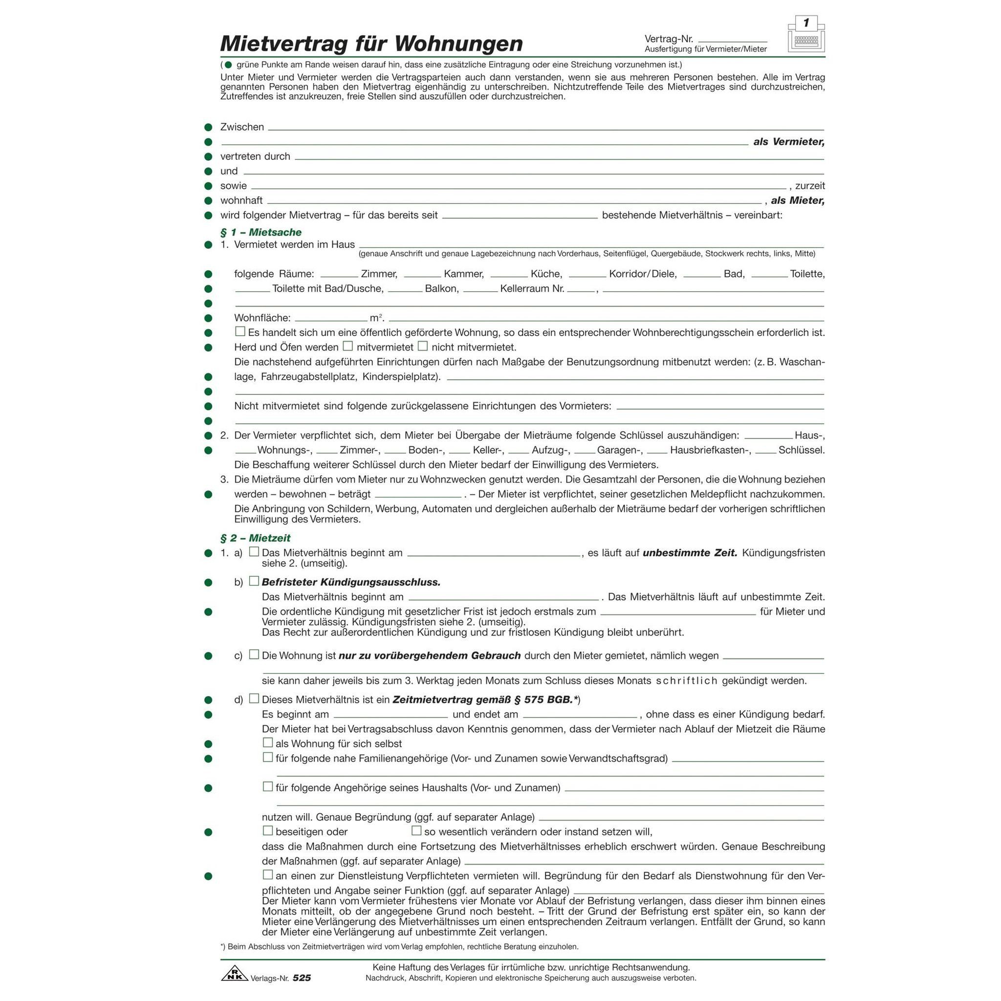 RNK Verlag Formularblock RNK Mietvertrag Wohnung A4 8 Seiten