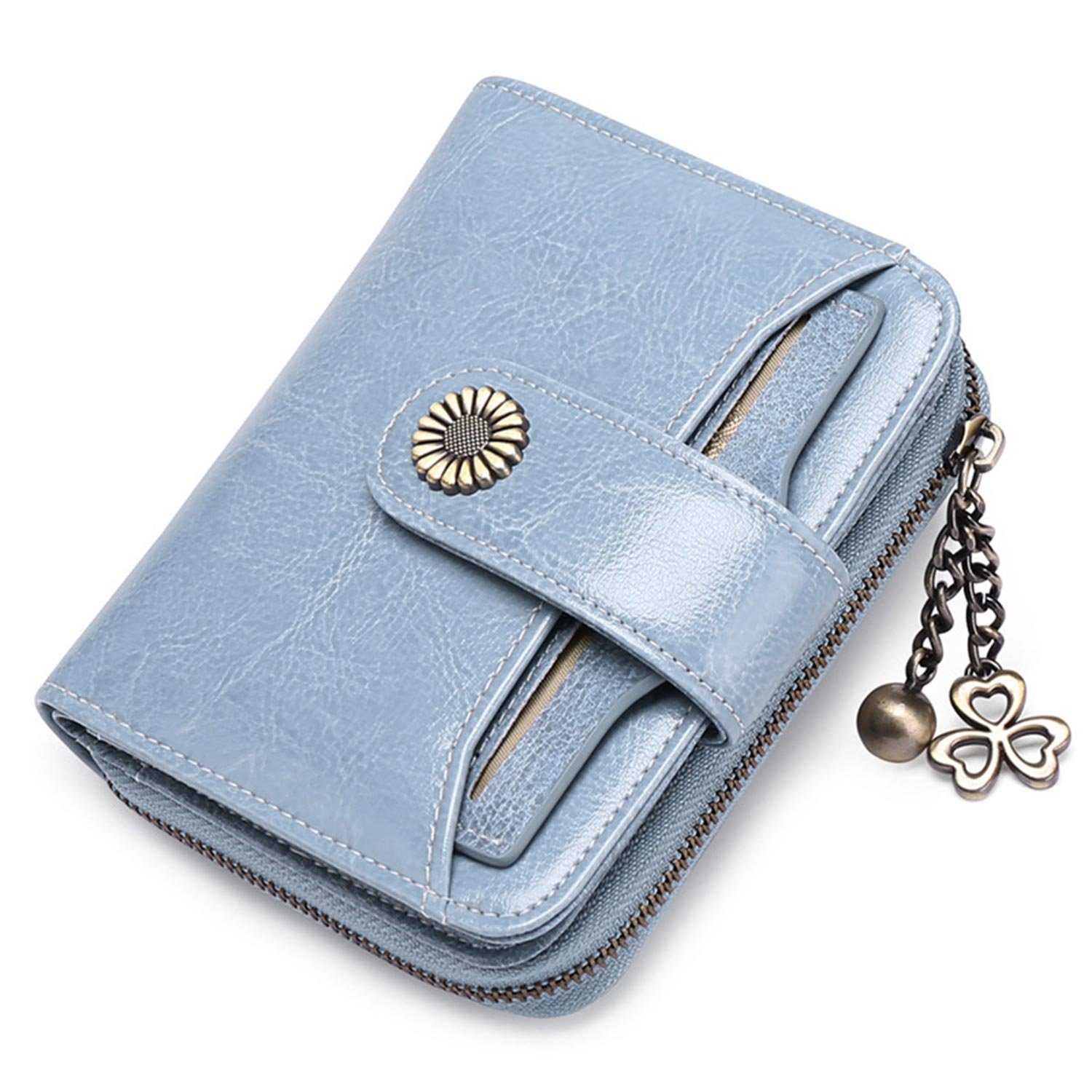 MAGICSHE Brieftasche Echtes Leder Damen Geldbörse, kleine Reißverschluss Geldbörse, Clip mit Münzfach und RFID Schild Hellblau