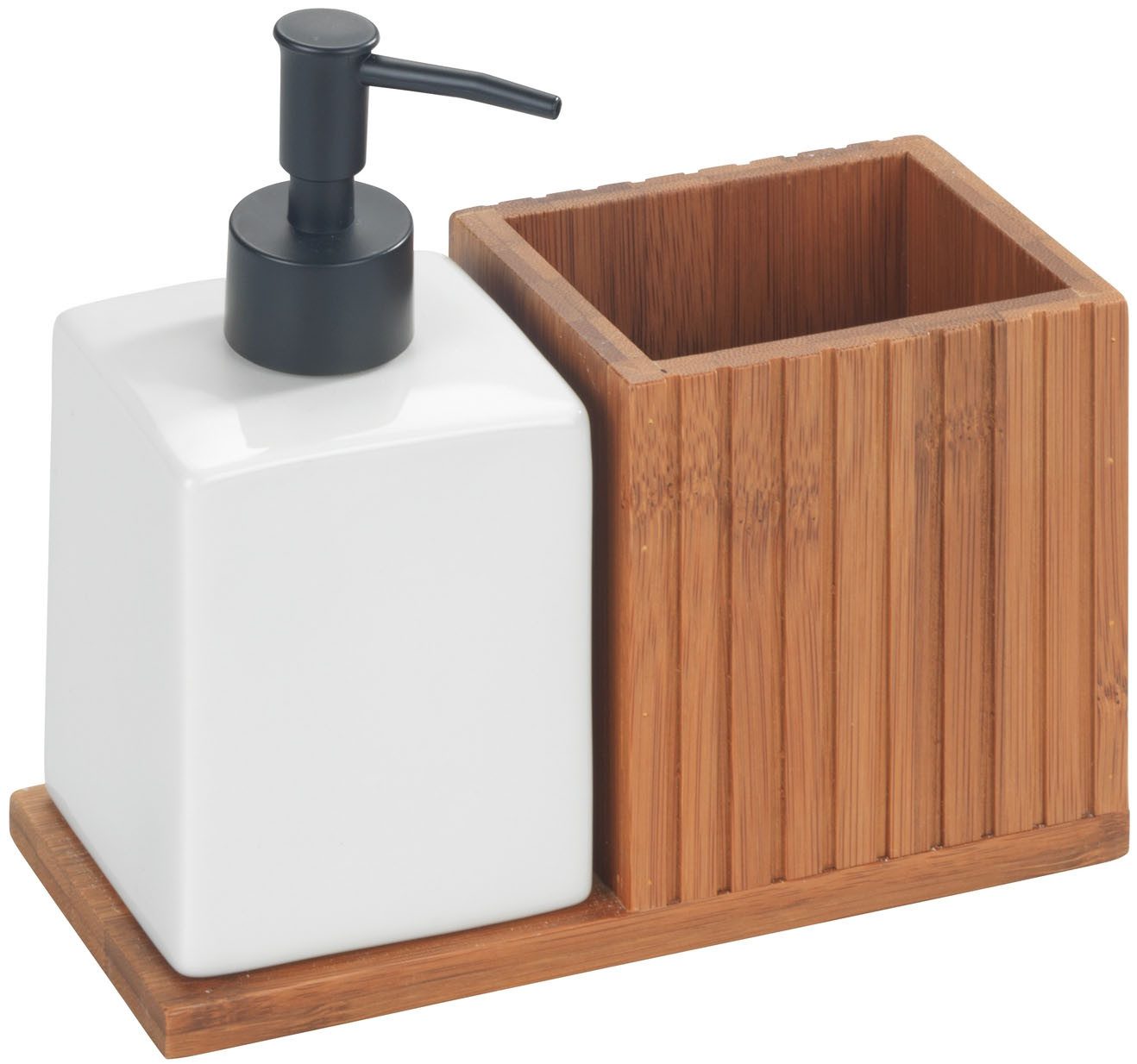 WENKO Spülmittelspender Modell Mera, mit Utensilienhalter, Keramik & geräucherter Bambus, Landhaus-Stil