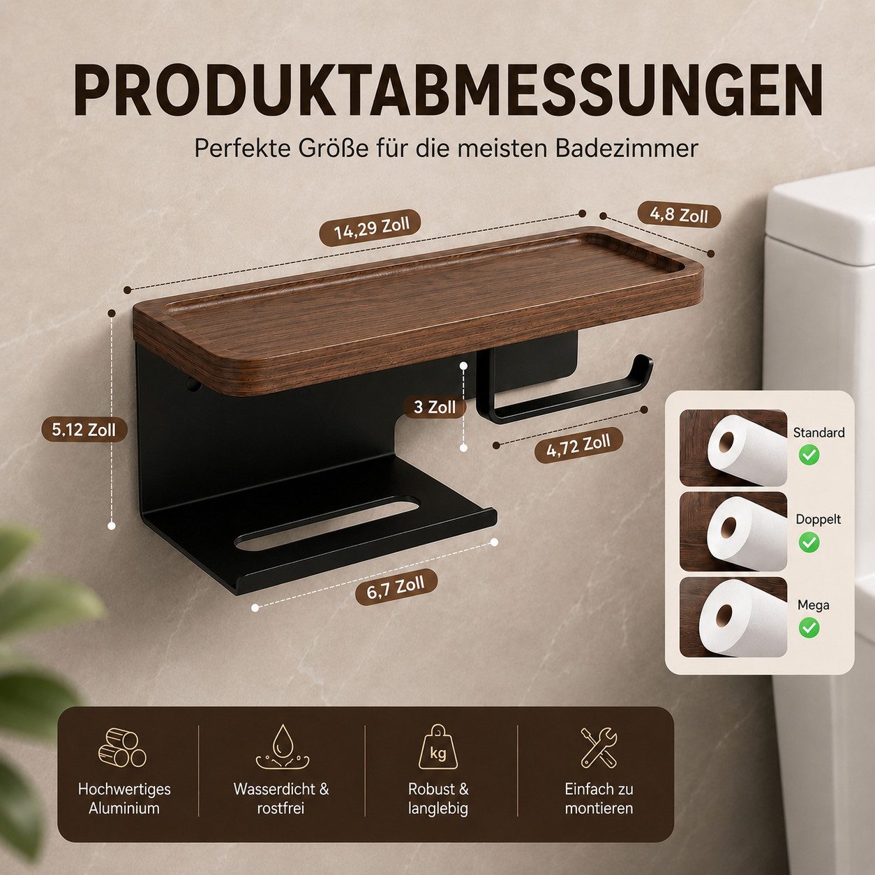Diwzbyn Toilettenpapierhalter Toilettenpapierhalter mit Holzablage, SUS304 Edelstahl, Walnussablage, Selbstklebend oder Schraubmontage – Bild 2 von 5