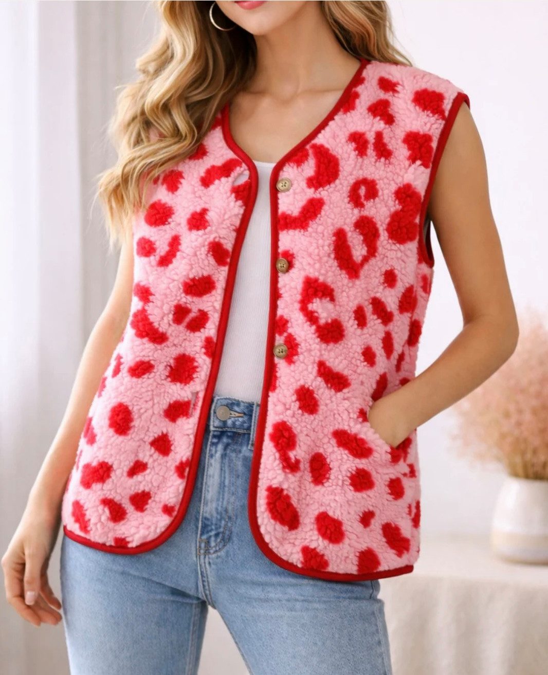 von Herzen Fellimitatweste LEO TEDDYWESTE "PINK & FIRE" - Onesize - Leoprint