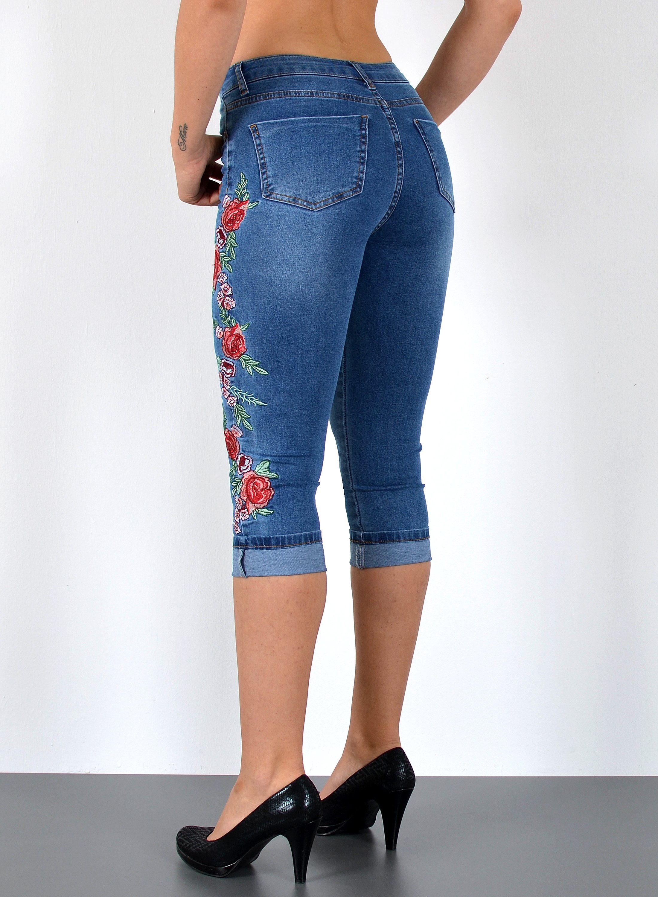 ESRA Caprijeans Damen 3/4 Jeans Hüftjeans niedrige Leibhöhe Damen 3/4 Hose Tief Bund Damen Capri Jeans Low Waist bis Übergröße Plus Size Große Größe Shorts