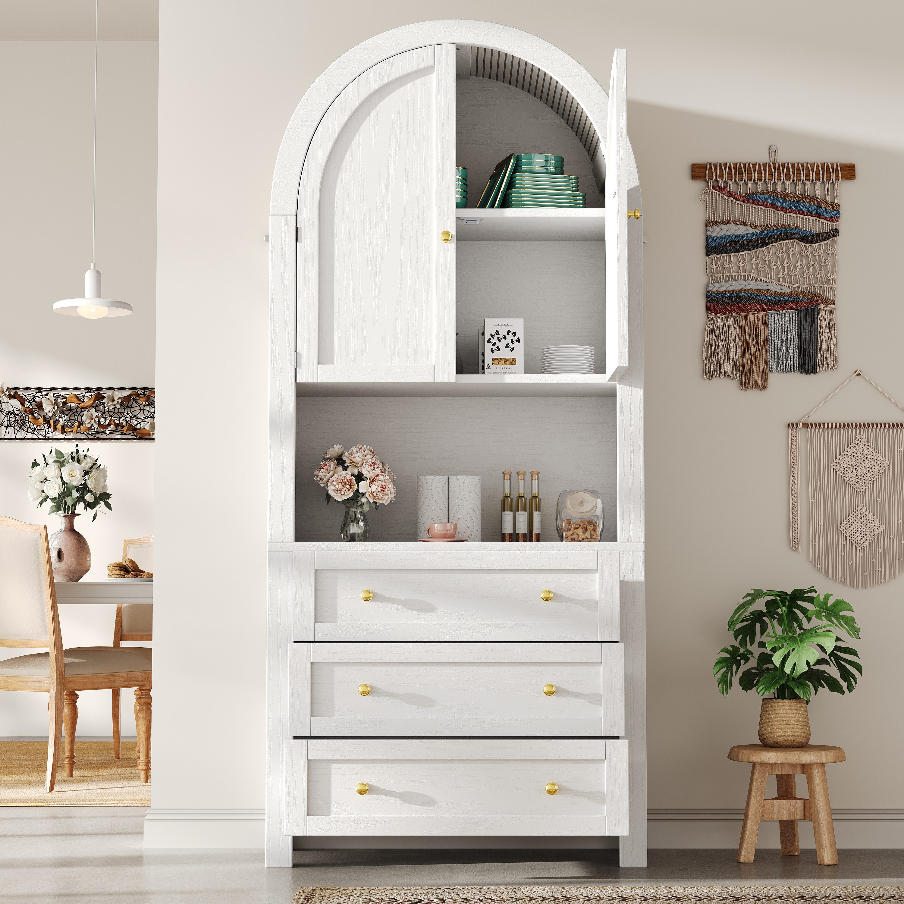 Flieks Mehrzweckschrank Bogen-Hochschrank mit Schubladen und Bogentüren (für Schlafzimmer, Wohnzimmer, Flur, Esszimmer und Arbeitszimmer, 1-St., B70/T35/H180 cm) Vitrine Highboard Aufbewahrungsschrank Weiß, Höhe ca. 180 cm