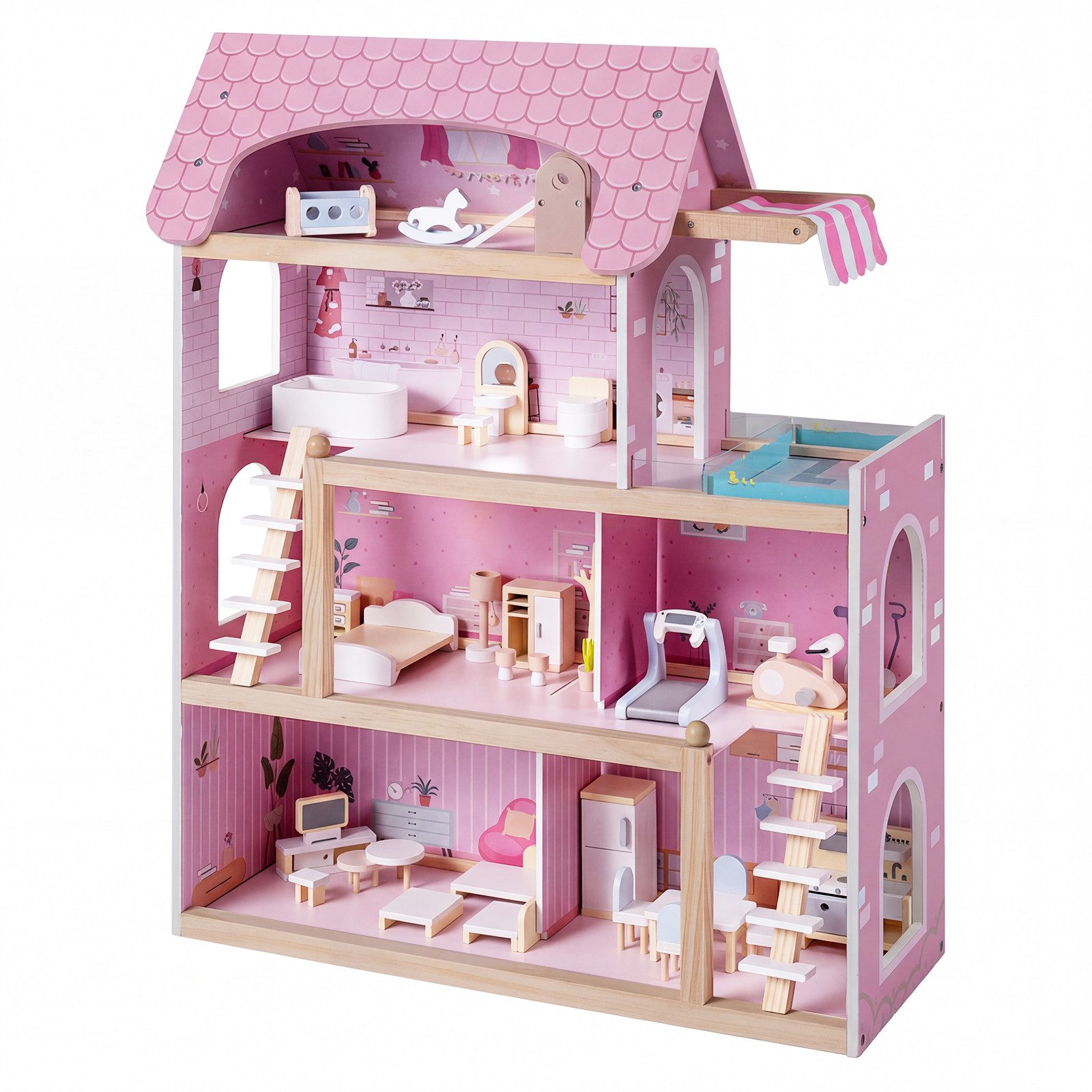 COSTWAY Puppenhaus, Holz, Kinder Dollhouse mit 33 Möbelstücken ab 3 Jahren