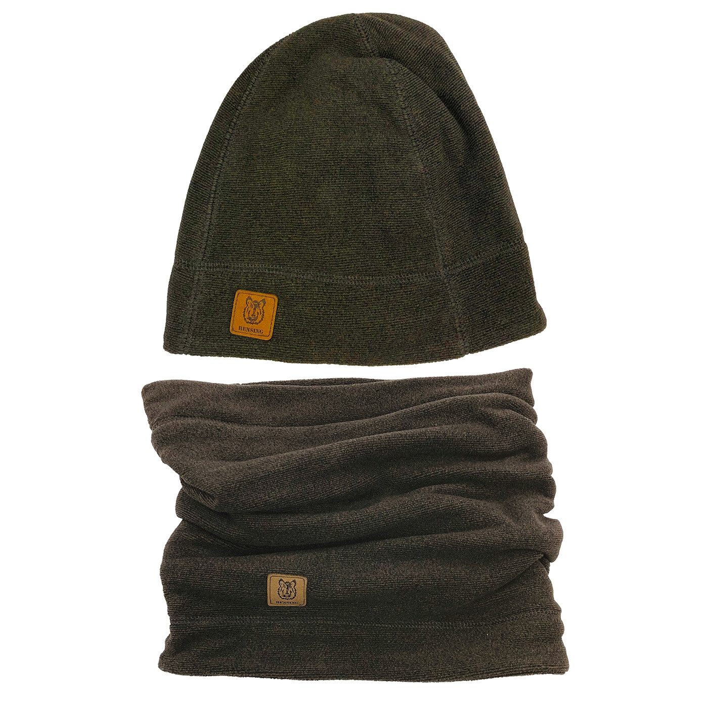 Rensing Fleecemütze Mütze und Loop Fleece-Set oliv/braun (Spar-Set, 1-St., Mütze und Schal) aus soften Materialmix