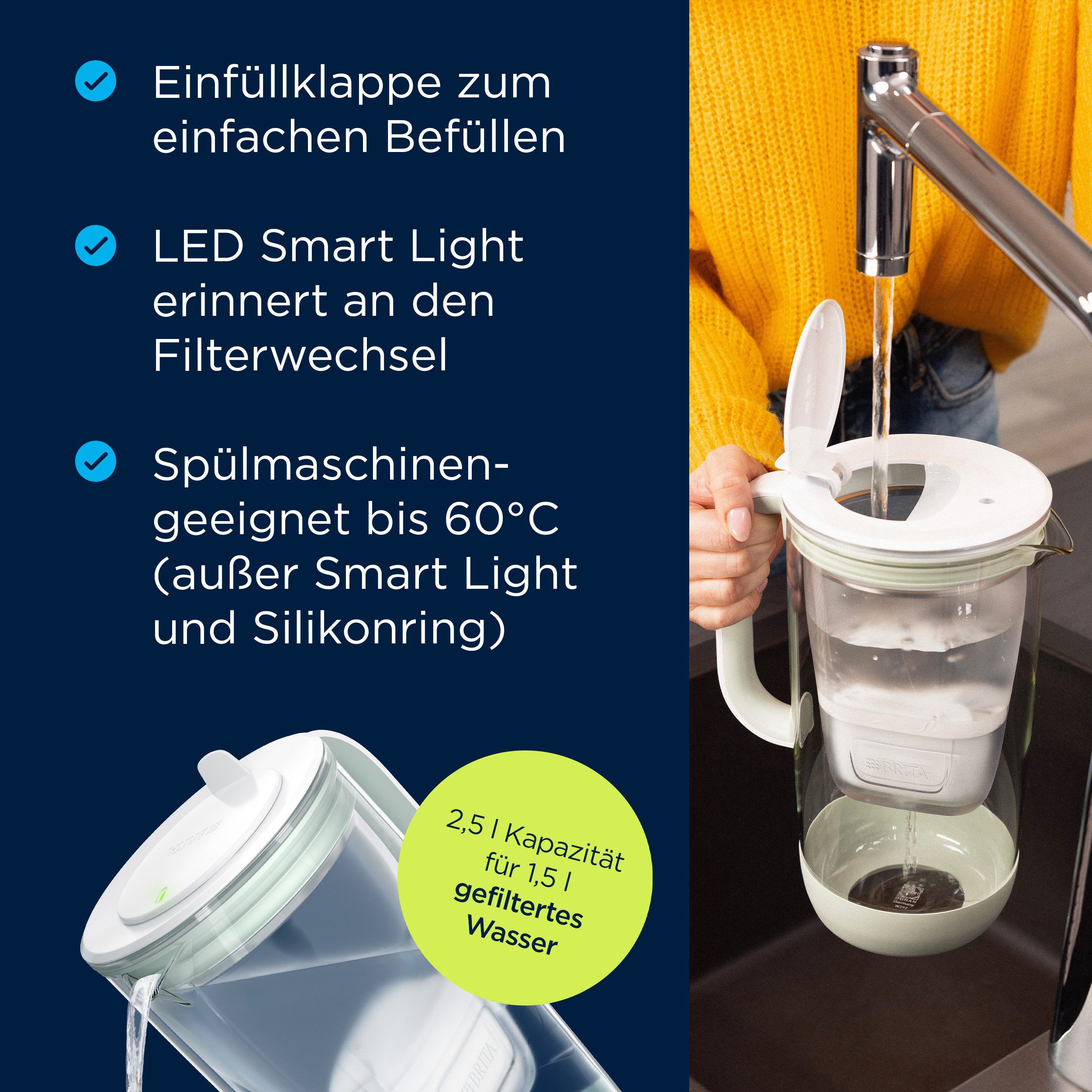 BRITA Wasserfilter BRITA MAXTRA Glas-Wasserfilter Kanne inkl. 4x Pure Performance Filter, Limited Edition Glaskanne hellgrün (2,5l) reduziert PFAS und Kalk – Bild 3 von 5