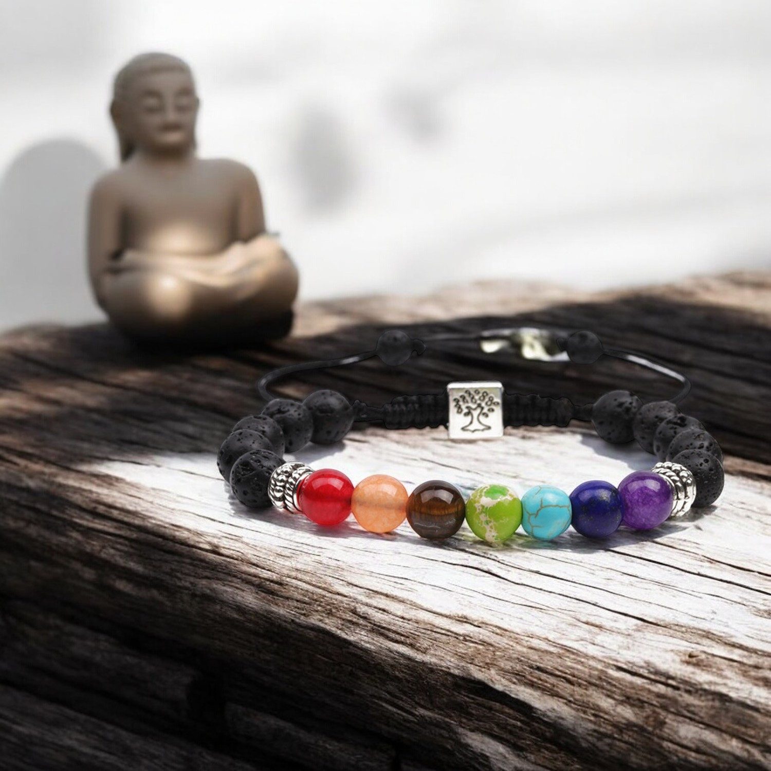 KARMA Perlenarmband Chakra Lavasteine Schwarz bunt Unisex Armband (Armschmuck, Lavasteinarmband Herrenarmband), Chakrenarmband Yoga Glückasarmband Damenarmband – Bild 2 von 5