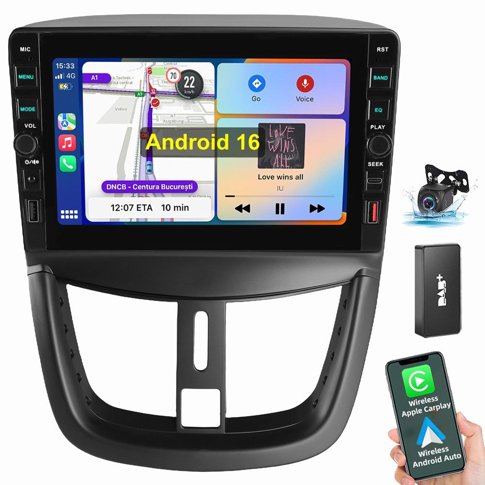 ESSGOO Für Peugeot 207 CC Carplay Navi WiFi Bluetooth Autoradio (RDS, Digitalradio (DAB), FM)