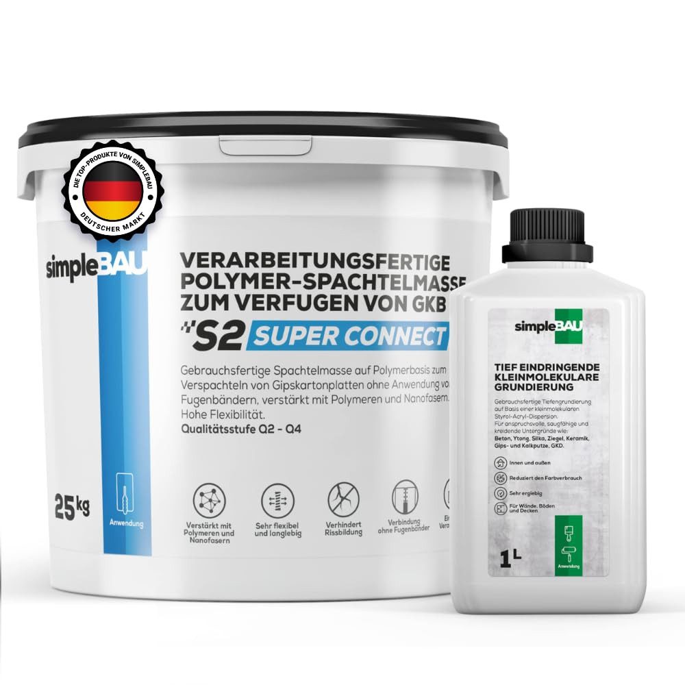 simpleBAU Spachtelmasse Spachtelmasse 25 kg und Tiefengrundierung 1L