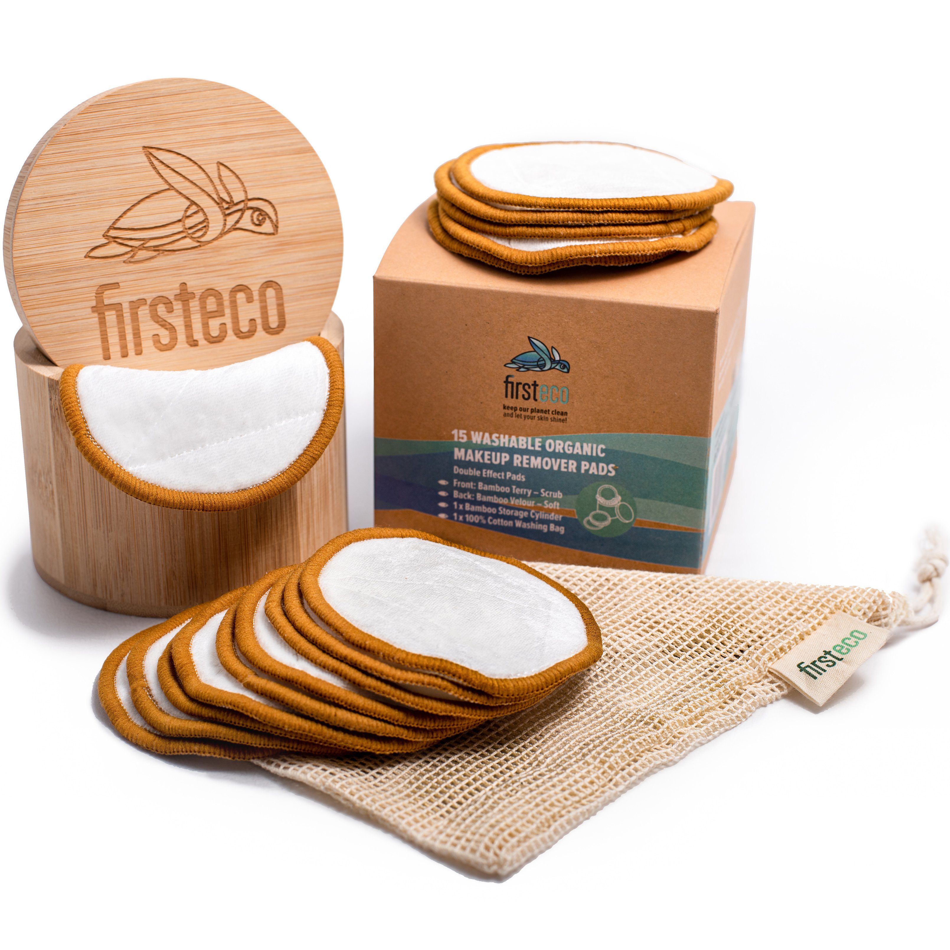 Firsteco Abschminkschwamm Bambus-Box Set, mit Wäschebeutel & EBOOK, 18 tlg., aus Bambus & Baumwolle, Abschminkpads waschbar wiederverwendbare Wattepads Geschenk-Set Mama
