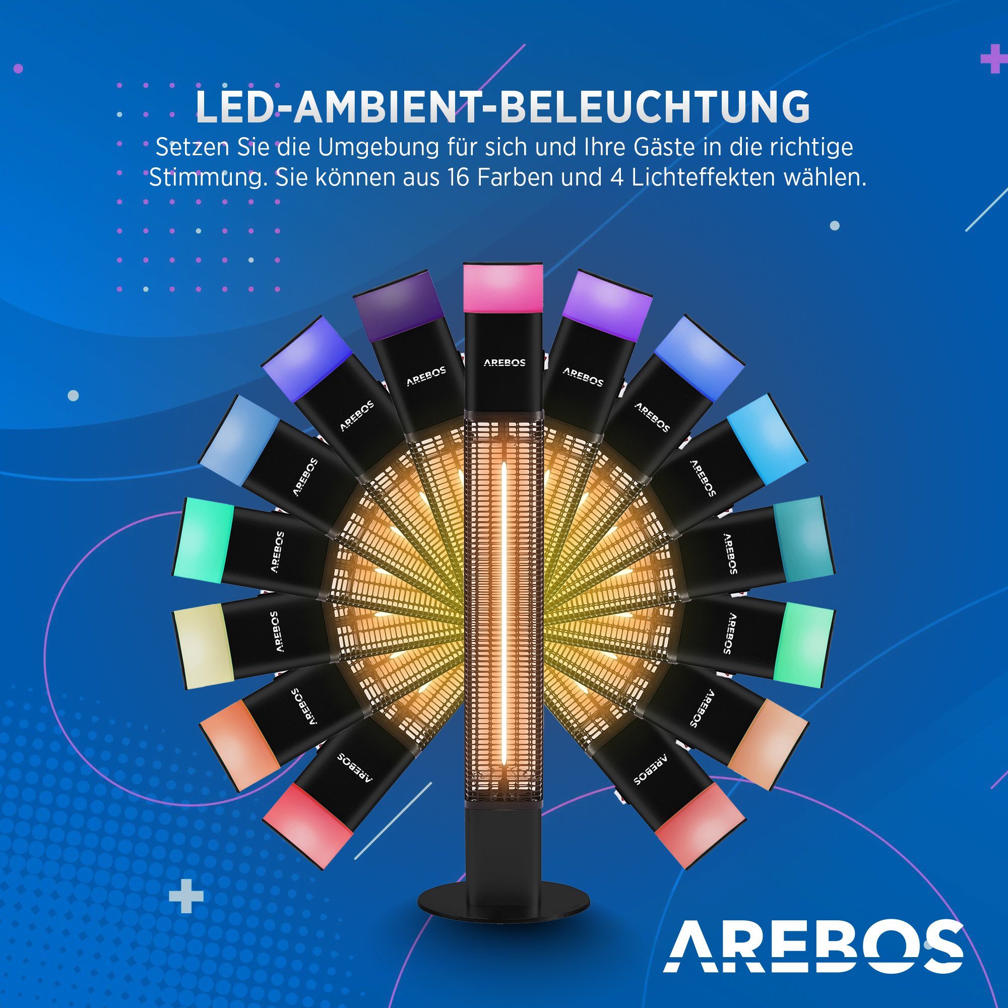 Arebos Heizstrahler 1500 Watt Stand, Farben, Kipp-Abschalter, Low-Glare-Technik LED, Fernbedienung, LED-Licht integrierte inkl.16 mit schwarz