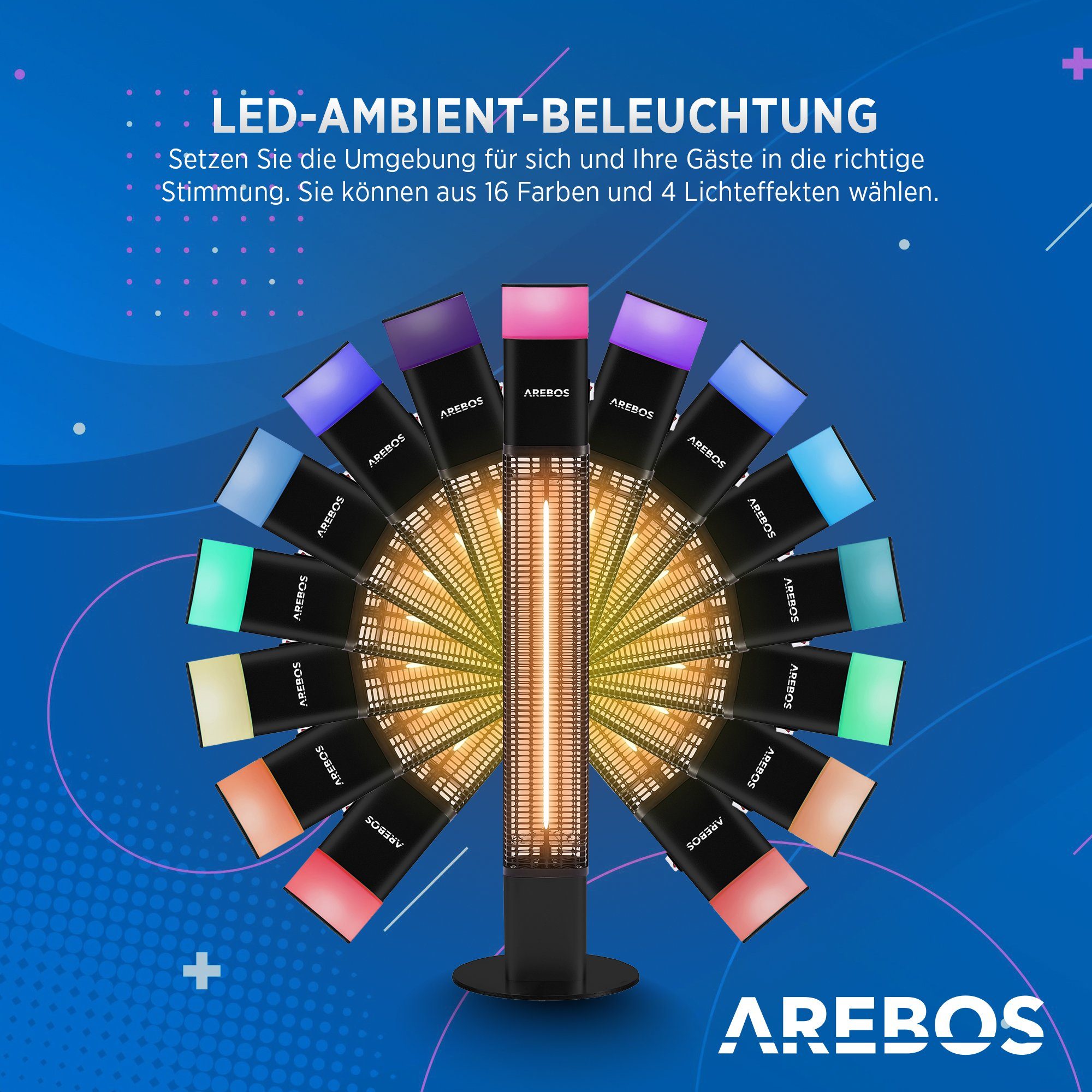 Arebos Heizstrahler 1500 Watt Stand, inkl.16 Farben, LED-Licht mit Fernbedienung, integrierte Kipp-Abschalter, LED, Low-Glare-Technik