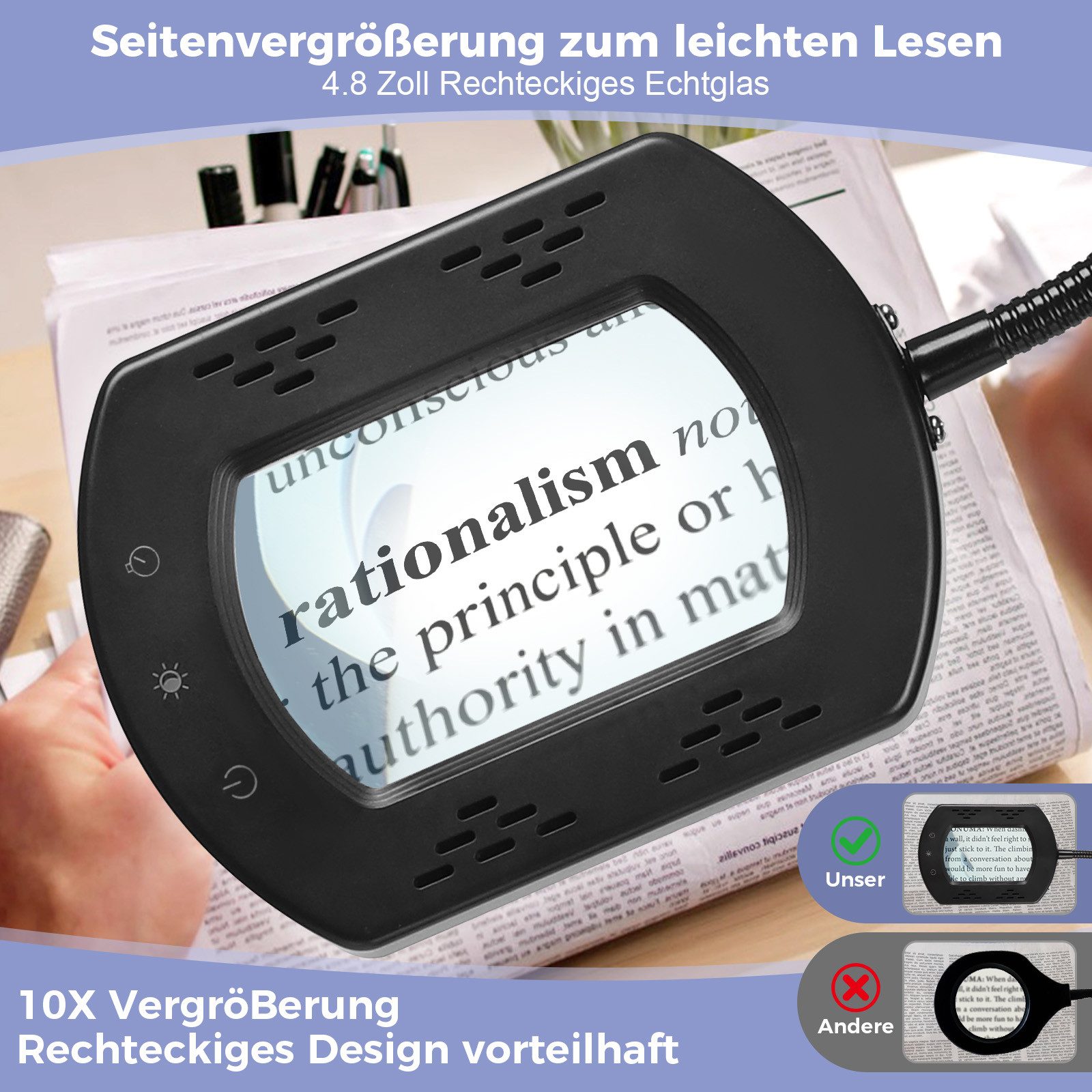VIVIHEYDAY Lupenlampe 10X Echte Glaslinsen Lupe mit Licht und Ständer, Flexible, Schwanenhals-Lupe Stehlampe, 5 Farbmodi Stufenlos Dimmbar, 3-in-1 LED, Vergrößerungslampe Standlupe Hände frei zum Lesen Malen