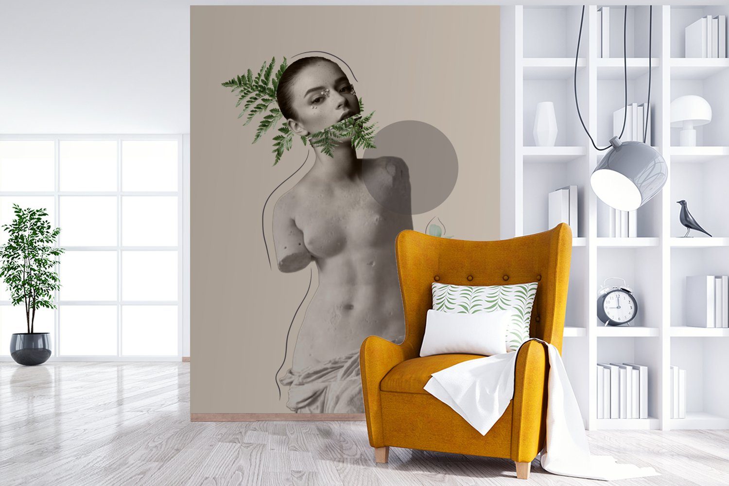 (4 St), MuchoWow Wohnzimmer, Frau für Abstrakt Montagefertig bedruckt, Grün Tapete Pflanzen, Matt, Fototapete - - Vinyl - Wandtapete