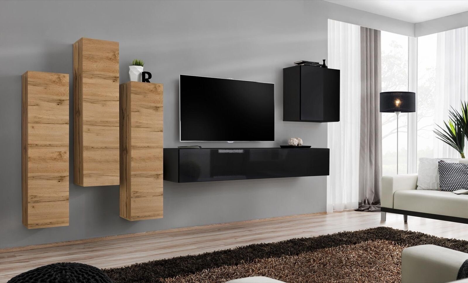 JVmoebel Wohnzimmer-Set Wohnwand Wandschrank tv Möbel Wohnzimmer Einrichtung TV Ständer, (6-St., 1x Wohnwand + 1x TV Ständer + 4x Wandschrank), Made in Europa