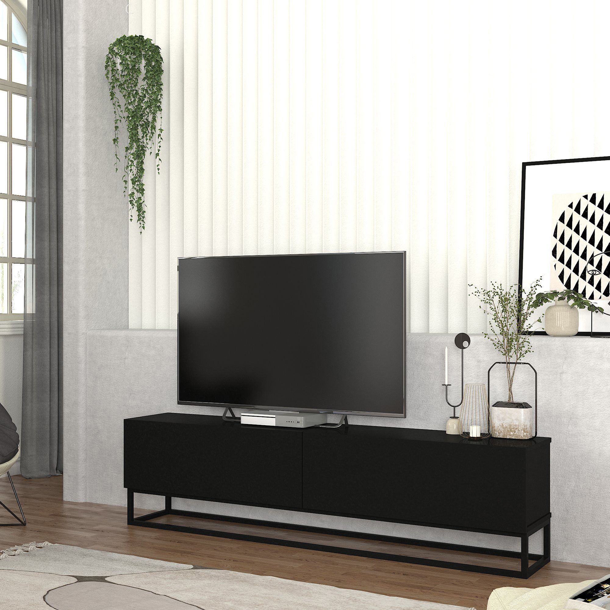 en.casa TV-Schrank »Nolven« langes Gestell 180 x 32 x 47 cm Schwarz günstig online kaufen