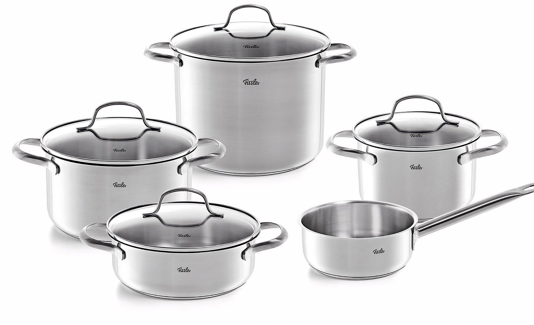 Fissler Topf-Set San Francisco, Edelstahl 18/10 (Set, 9-tlg., Bratentopf 20 cm, je 1 Kochtopf 16/20/24 cm, Stielkasserolle 16 cm), Geeignet für alle Herdarten, Induktion