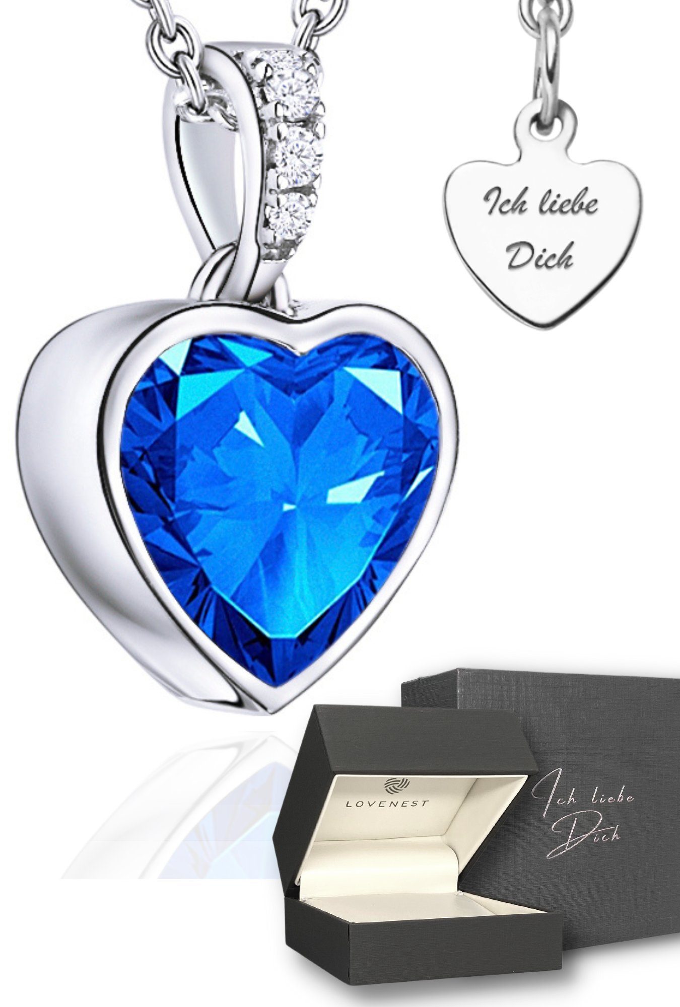 LOVENEST Herzkette Halskette Silber 925 mit blauem Stein Anhänger blau Damenkette Herz (Silberkette Anhänger Geschenke für Frauen Weihnachtsgeschenk Freundin, Geschenkset Damenkette Weihnachten Set), Sie Geburtstag Hochzeitstag Liebesbeweis Liebesgeschenk Herz Ювелирные изделия