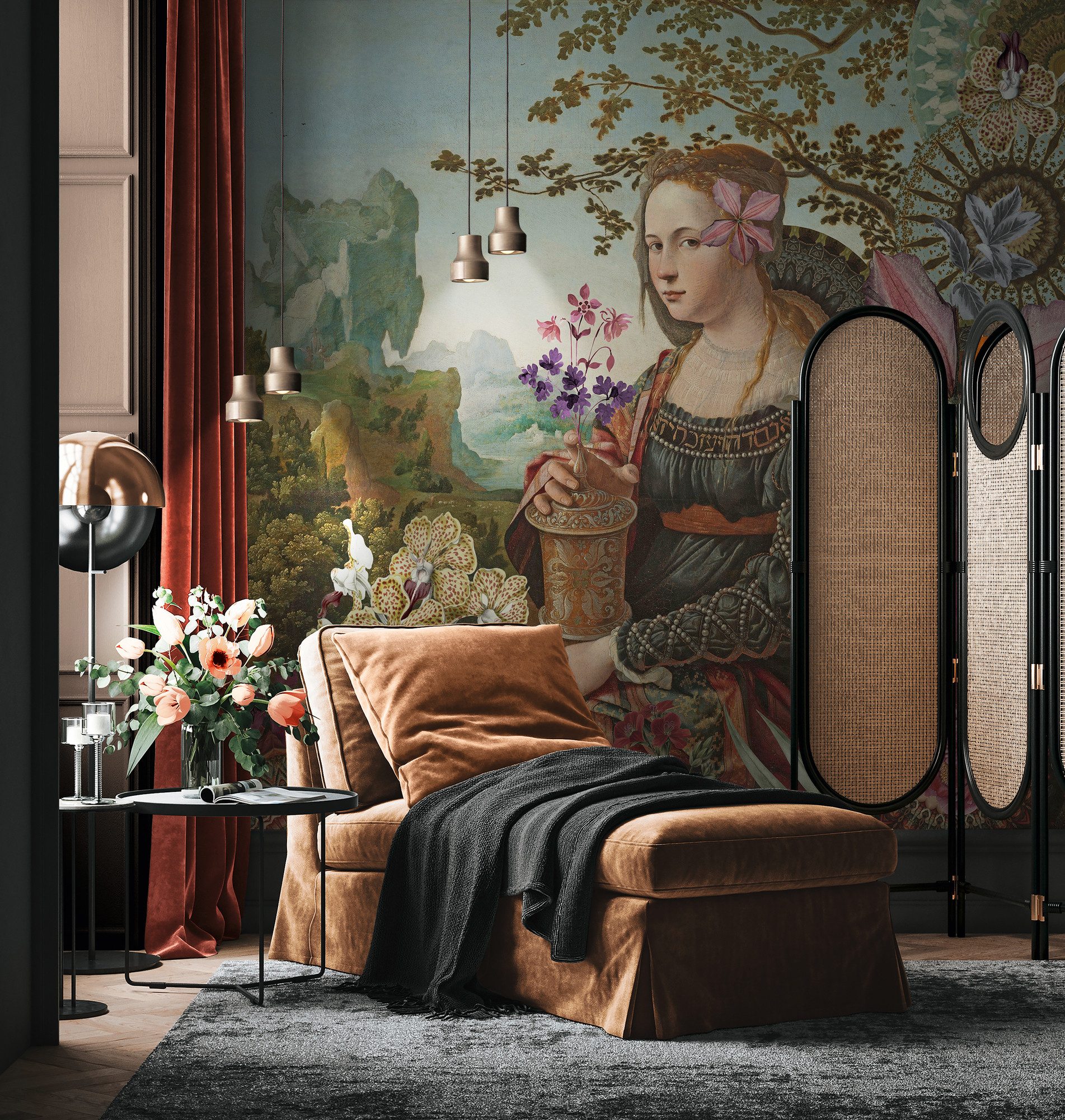 living walls Vliestapete LIMITED – Renaissance Collage Fototapete, leicht strukturiert, Kunst, amplified, Motiv, (5 St), Künstlerisches Damenporträt mit opulenten Blüten und Ornamenten