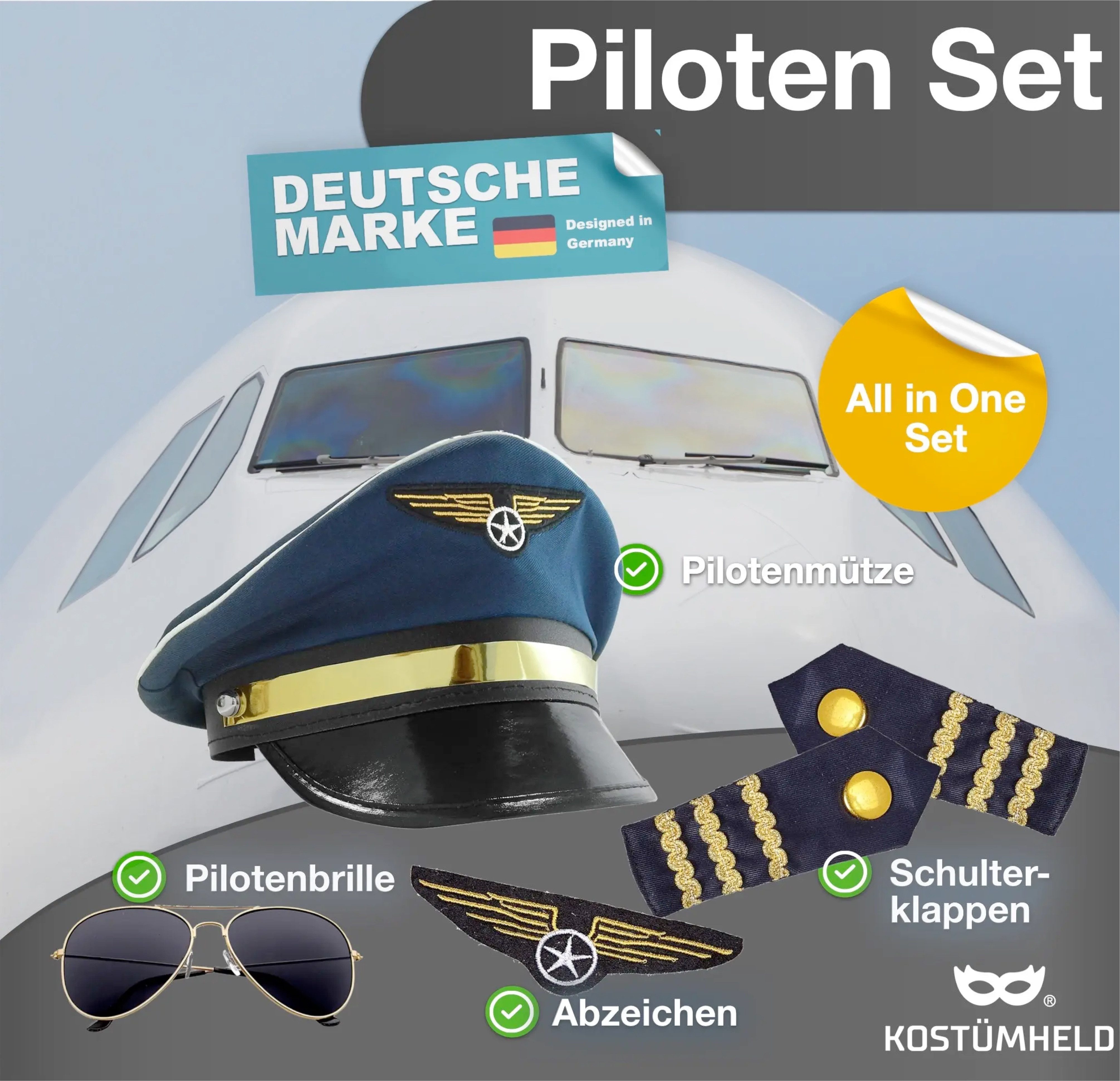 Kostümheld® Kostüm Pilot Set Kostüm Accessoire für Herren Fasching / Karneval, Einheitsgröße