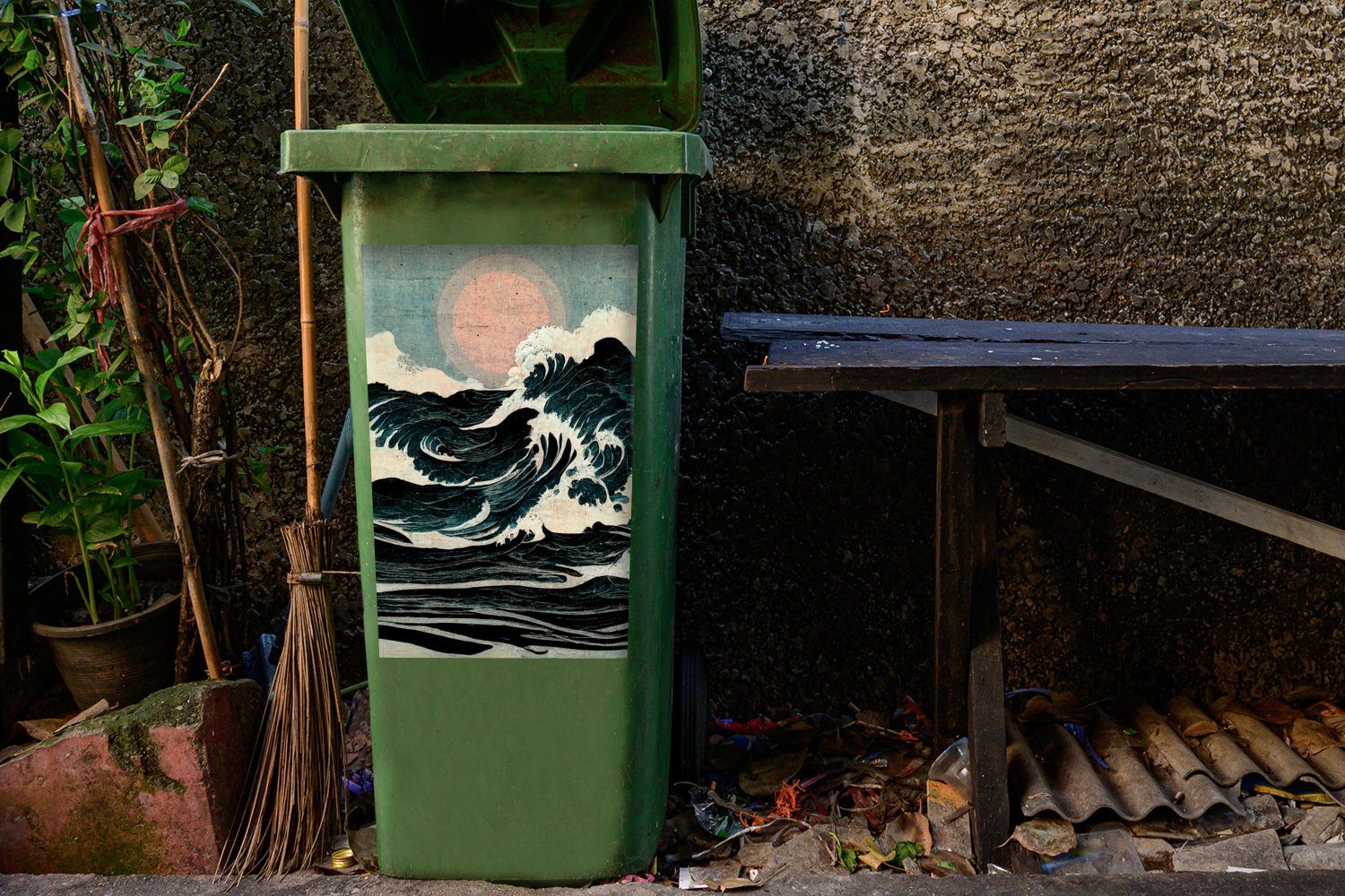 MuchoWow Wandsticker Jahrgang - Wellen Container, Sticker, Abfalbehälter - Mülltonne, Mülleimer-aufkleber, Sonne (1 - Meer St)
