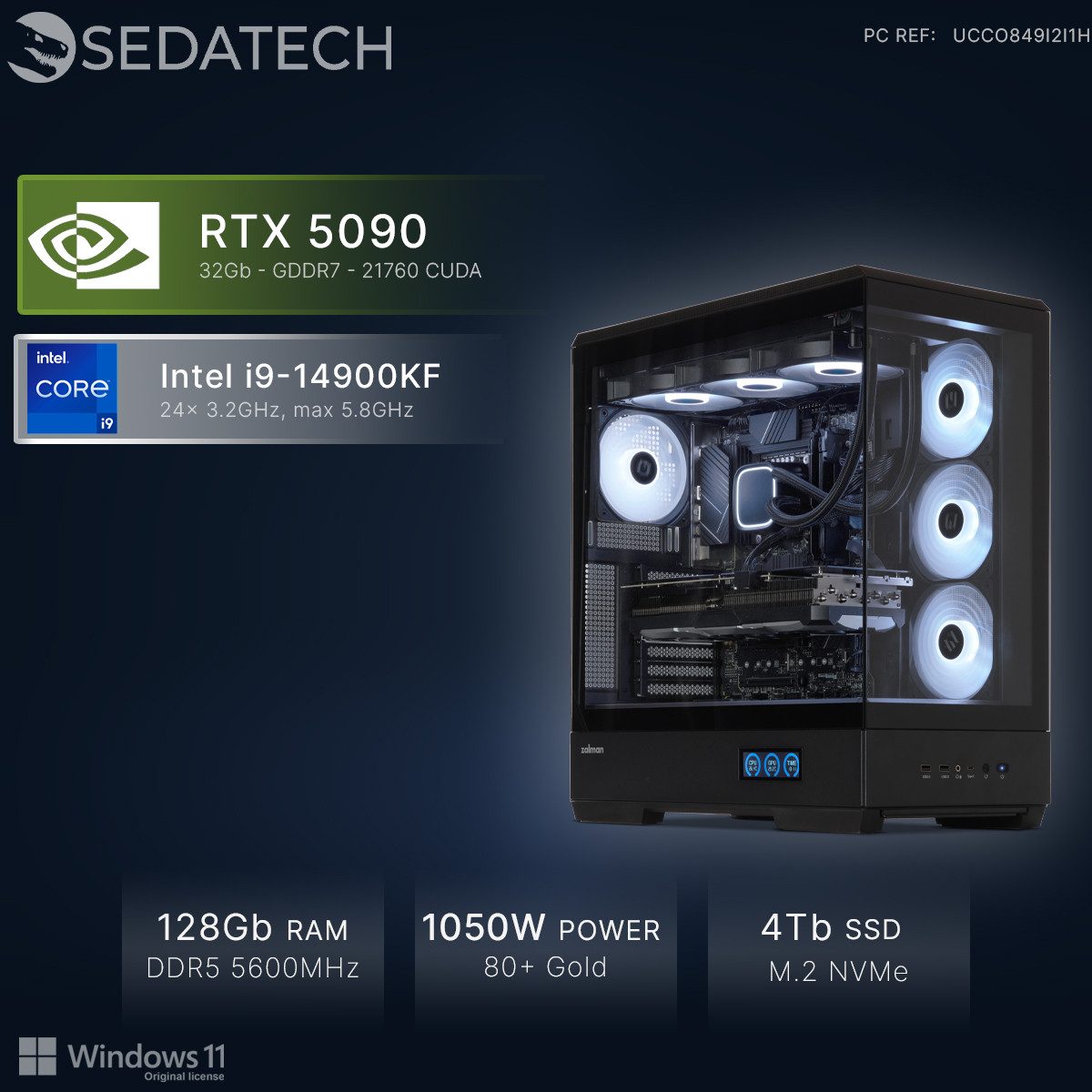 Sedatech UCCO849I2I1HF - Watercooling Gaming-PC (Intel Core i9 14900KF 24x 3.2GHz (max 5.8GHz), Geforce RTX5090 32GB, 128 GB RAM, 4000 GB SSD, Watercooling, Wlan 6E)