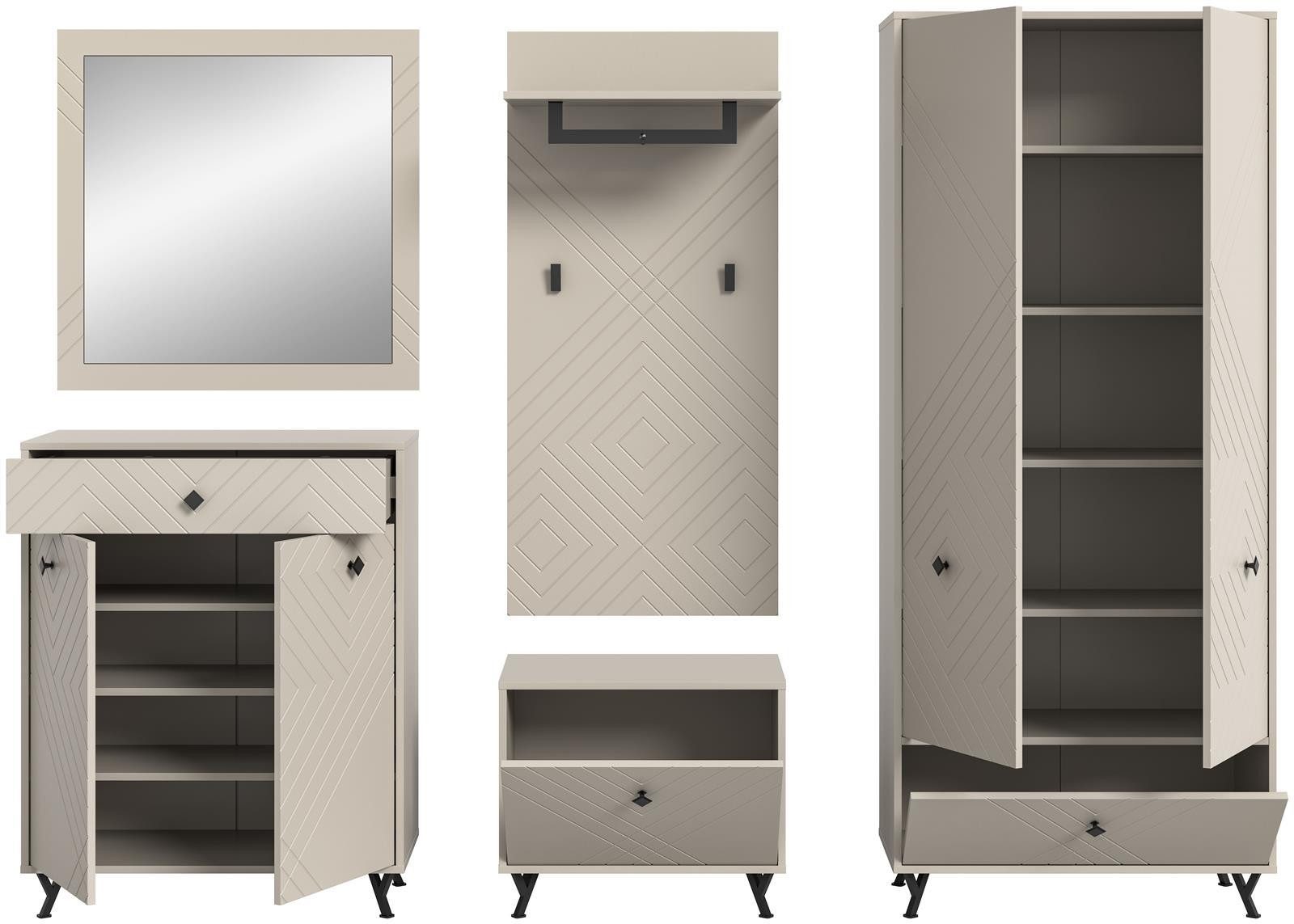 möbelvita Garderoben-Set Memo Garderobenkombination B/H/T 250x190x35 in sandbeige, (1x Garderobenschrank 1x Sitzbank 1x Paneel 1x Schuhkommode 1x Spiegel), Front mit gefrästen Ornamenten