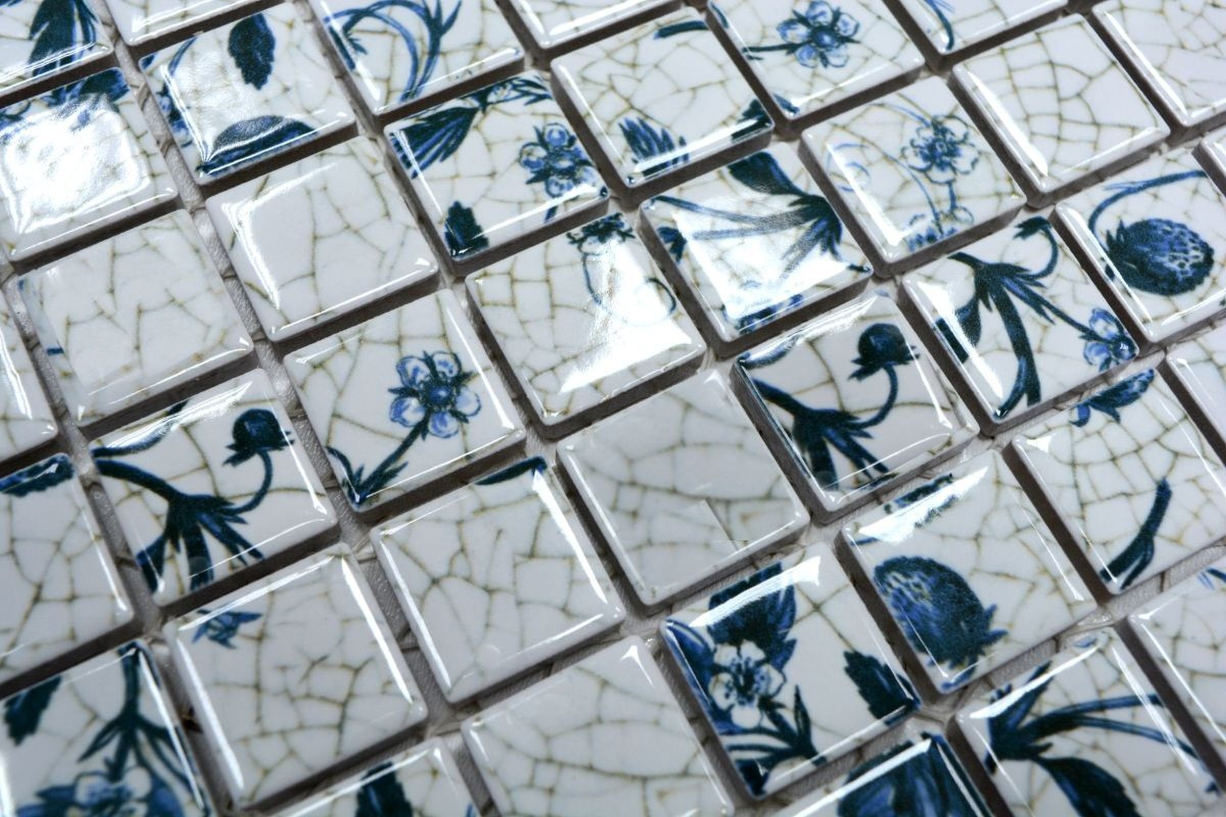Küche Mosaikfliesen Mosaikfliese Retro Mosaik Mosani Vintage Keramik Blume weiß blaue