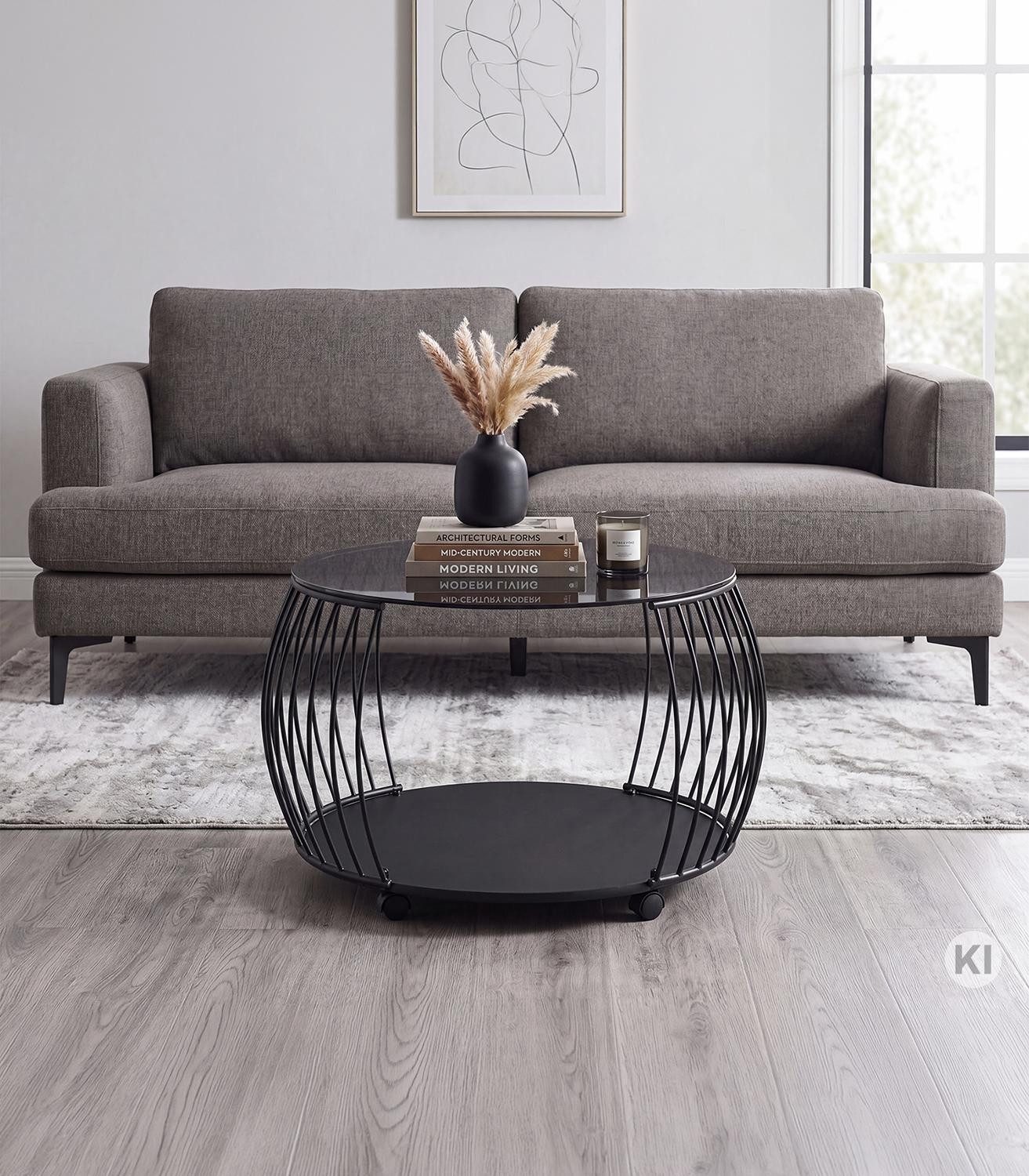 M2 Kollektion Couchtisch SHANGHAI, Ø 60 cm, Grauglas, mit Rollen, Schwarz, Metallgestell, H 46 cm
