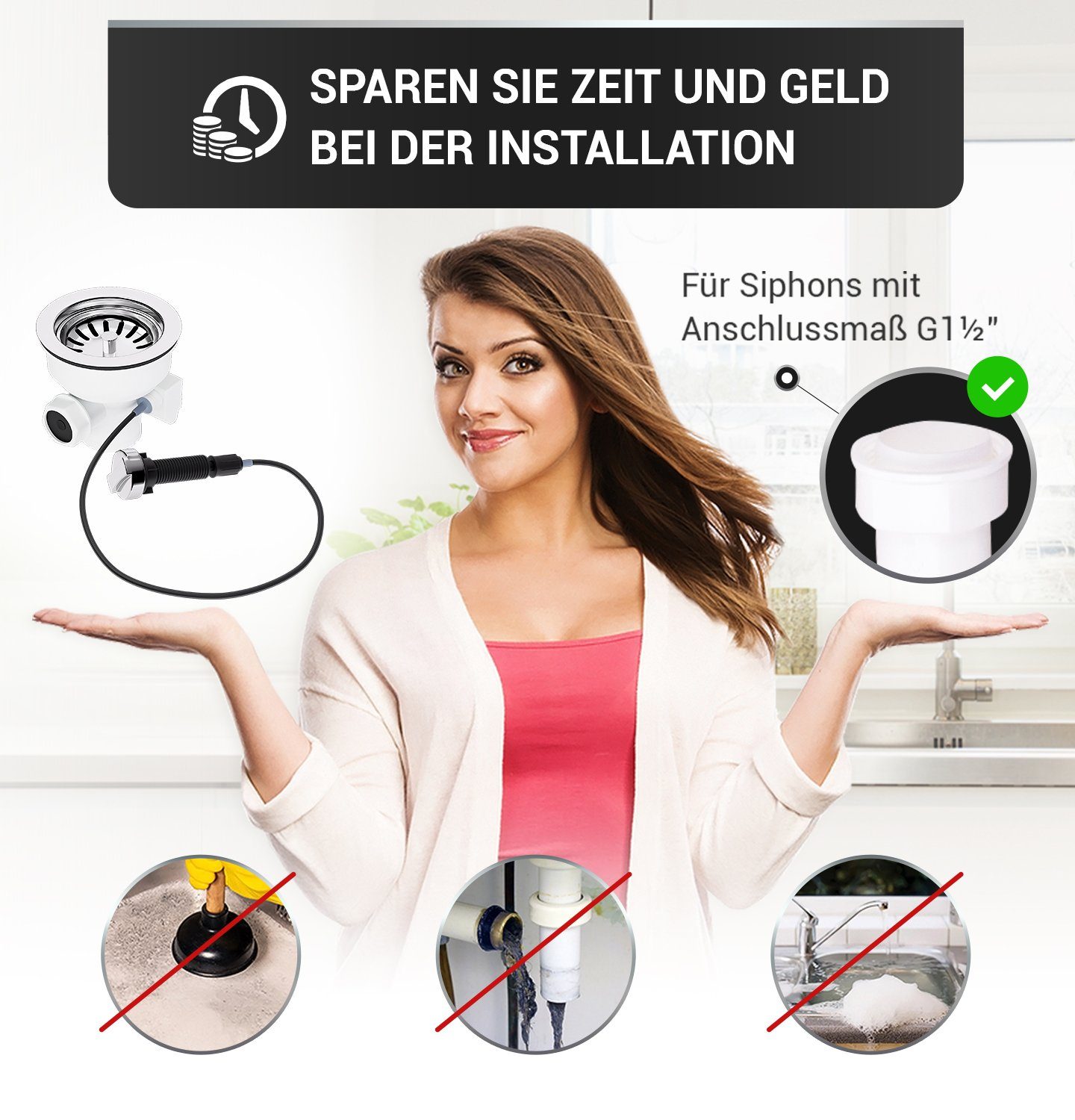 AQUADE Siebventil Siebkorbventil Ø114mm Bowdenzug, Set, 1-tlg., mit 1 Zoll Überlauf, Raumschaffer und Drehbetätigung