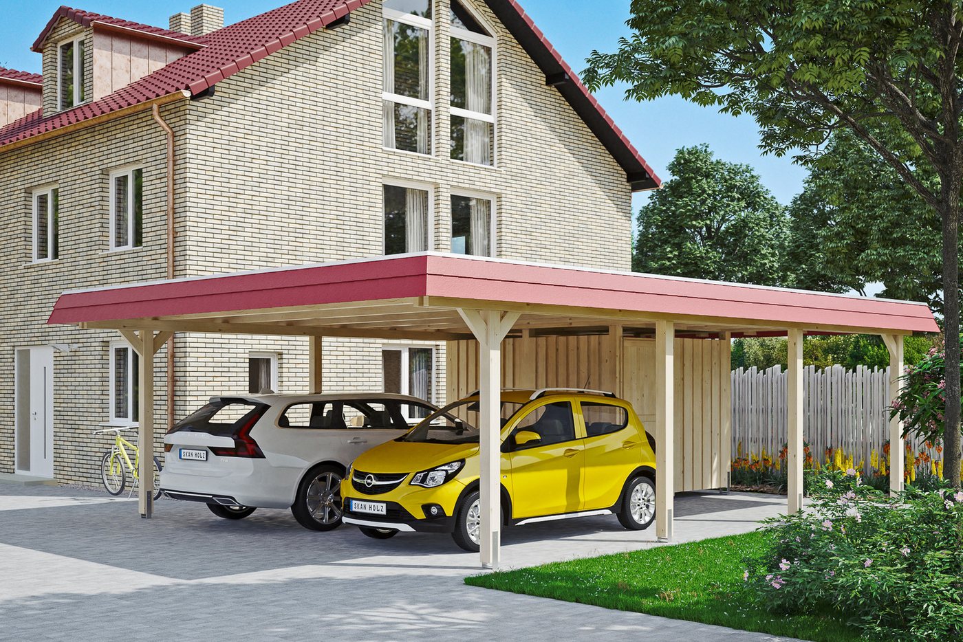 Thumbnail - Skanholz Doppelcarport Wendland, BxT: 630x879 cm, 216 cm Einfahrtshöhe, mit Abstellraum mit Aluminiumdach, rote Blende