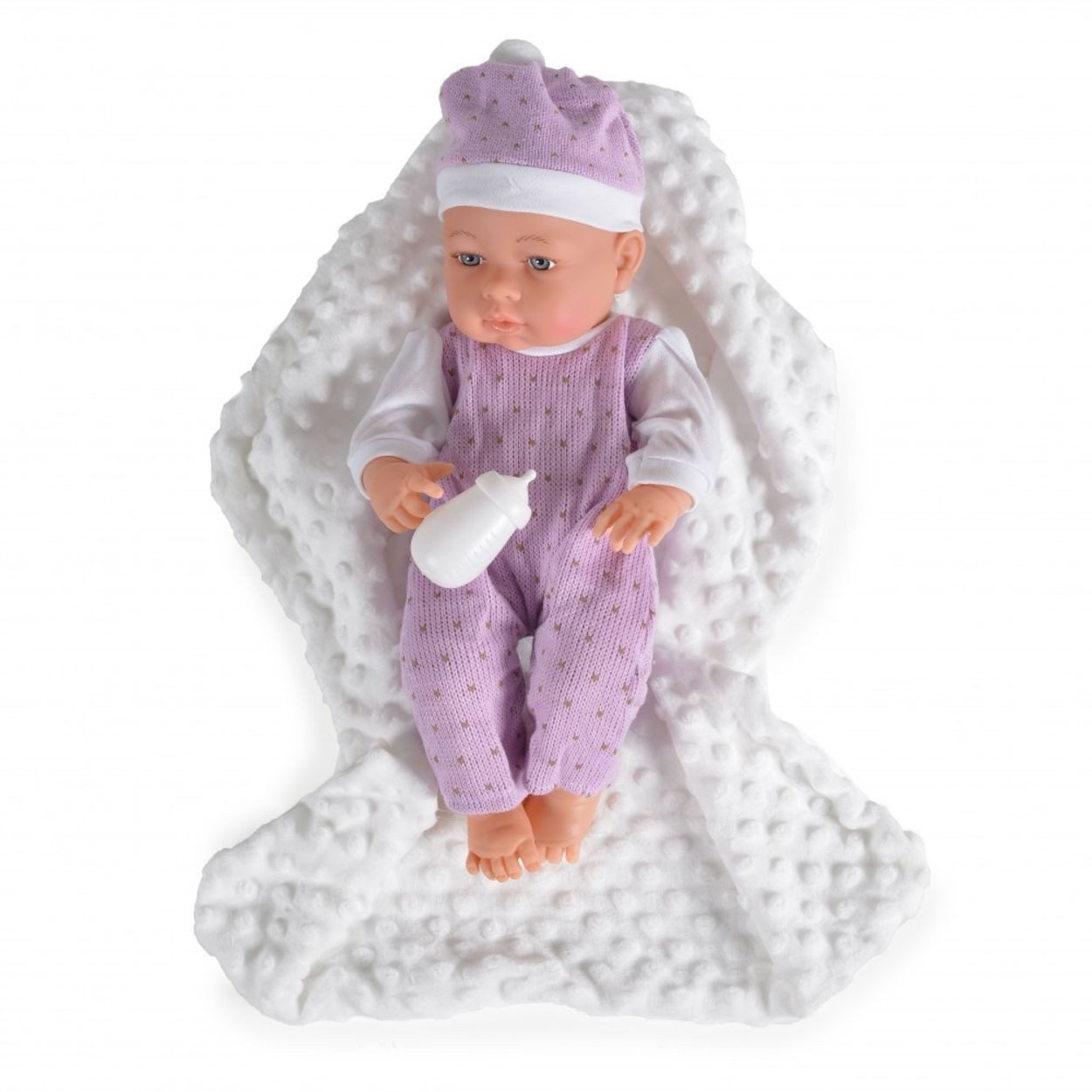 Moni Anziehpuppe 9303, 41 cm, 3-teiliges Set, Kuscheldecke, Trinkflasche, ab 3 Jahren