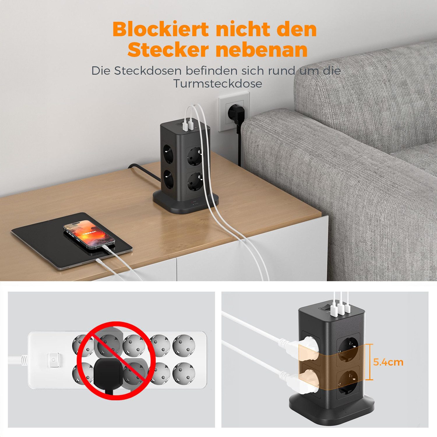 TESSAN 8 Fach Mehrfachsteckdose 3 USB(2USB,1 USB C) Steckdosenleiste Kabel 2m Mehrfachsteckdose (USB-Anschlusse, Ein-/Ausschalter, Kabellänge 2 m)