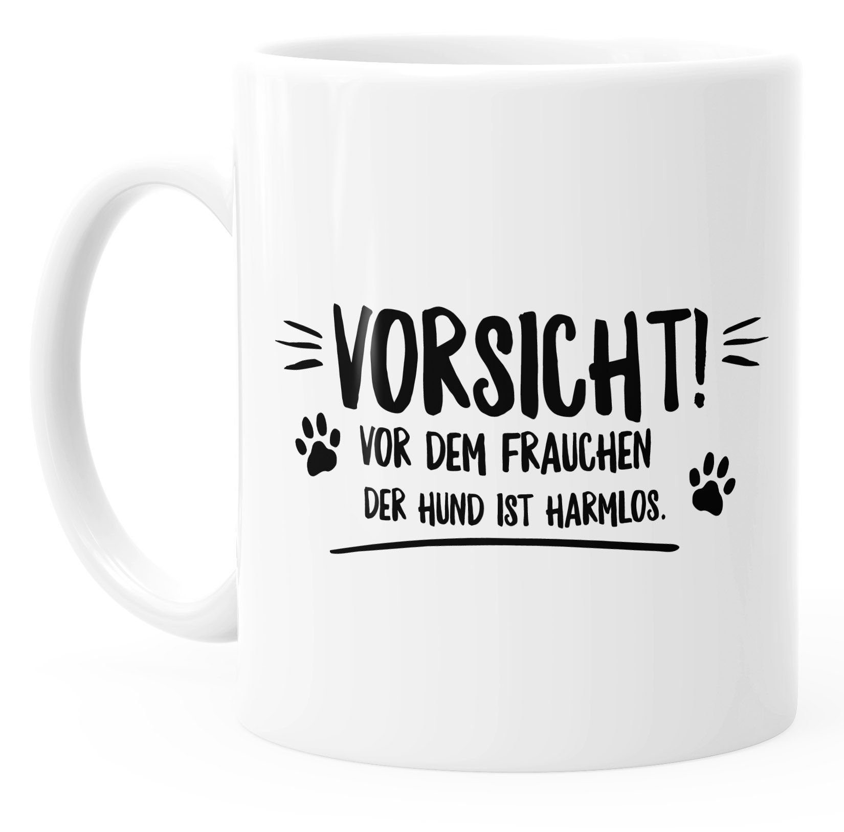 Spruch mit harmlos! glänzend MoonWorks der Tasse dem Vorsicht Keramik MoonWorks®, vor Frauchen Hund ist Kaffee-Tasse