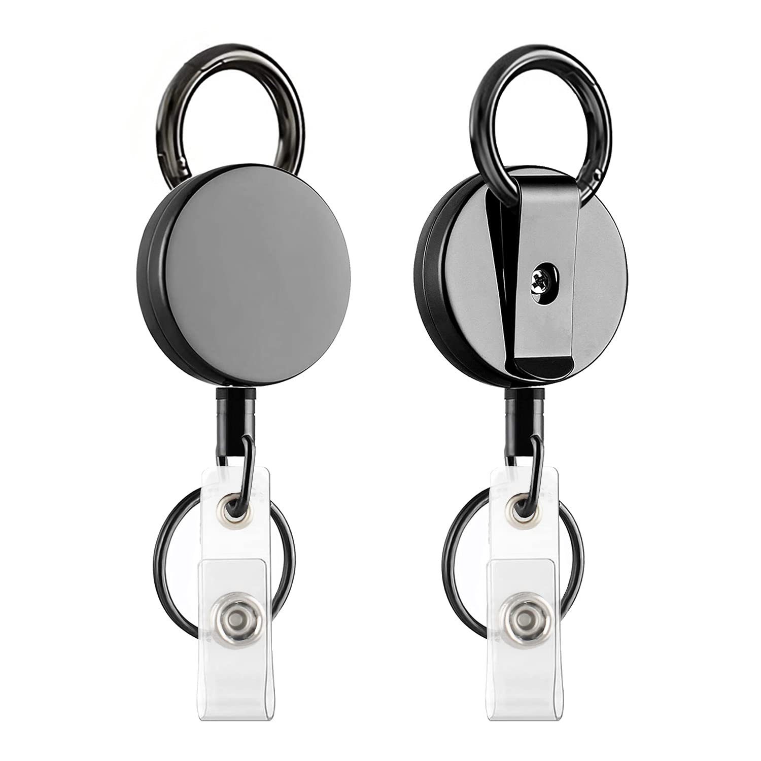 Housruse Schlüsselanhänger 2 Stücke Einziehbarer Schlüsselanhänger,  Metall-ID-Ausweishalter mit Klauenverschluss und Gürtel-Clip Schlüsselring  für ID-Kartenhalter, 65cm Einziehbarer Stahldraht (Runde)