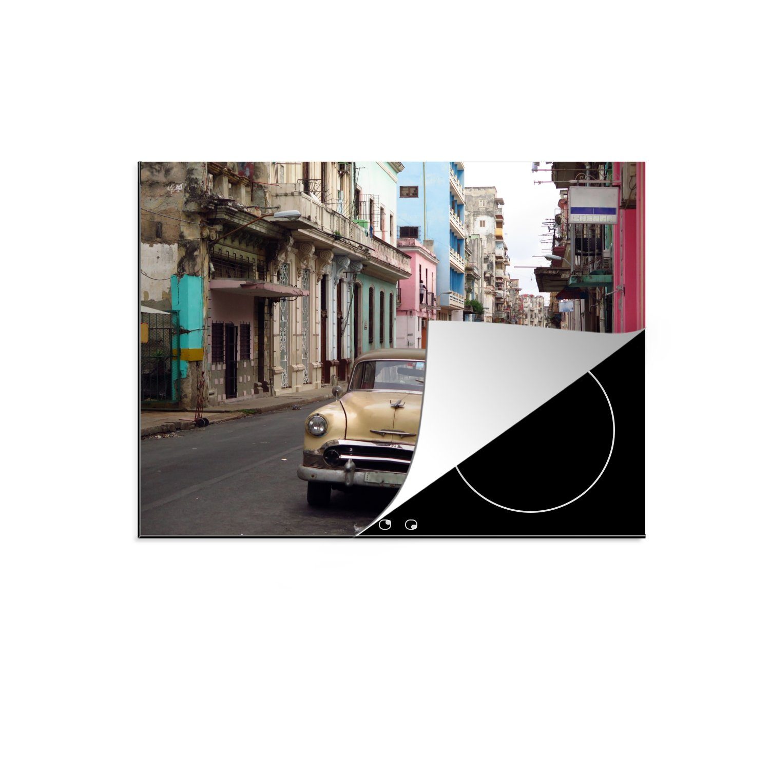 einer Ceranfeldabdeckung Induktionskochfeld kleinen für MuchoWow in 71x52 küche, Ein kubanischer Straße steht in Vinyl, Herdblende-/Abdeckplatte tlg), Oldtimer (1 Schutz Alt-Havanna, cm, die