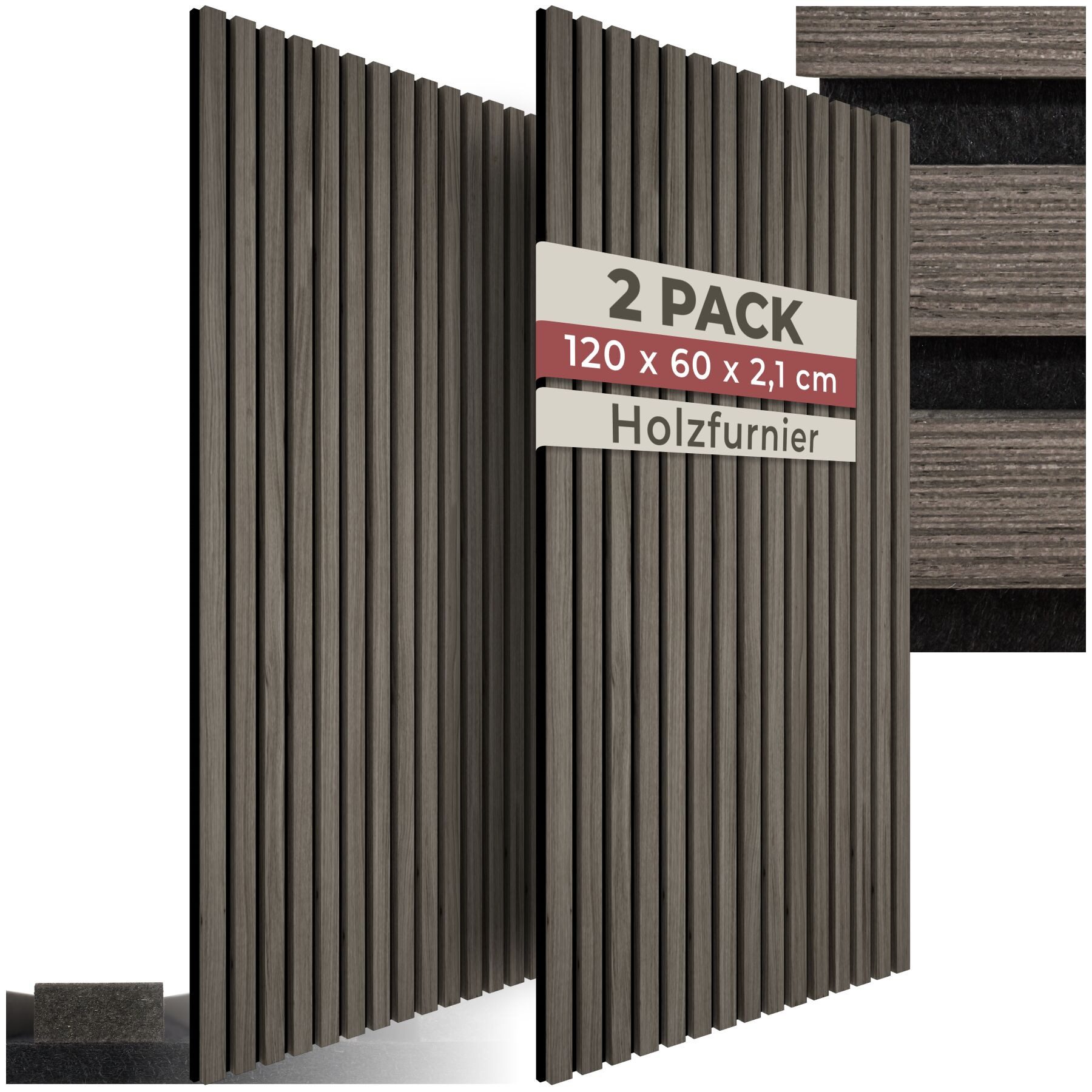 tectake Wandpaneel Akustikpaneele aus MDF und Echtholzfurnier - Eiche grau, BxL: 60x120 cm, (Holzpaneele Sonic Wall, 2-tlg., Größe flexibel anpassbar) schallabsorbierender Filz, einfache Montage mit Kleber oder Schrauben