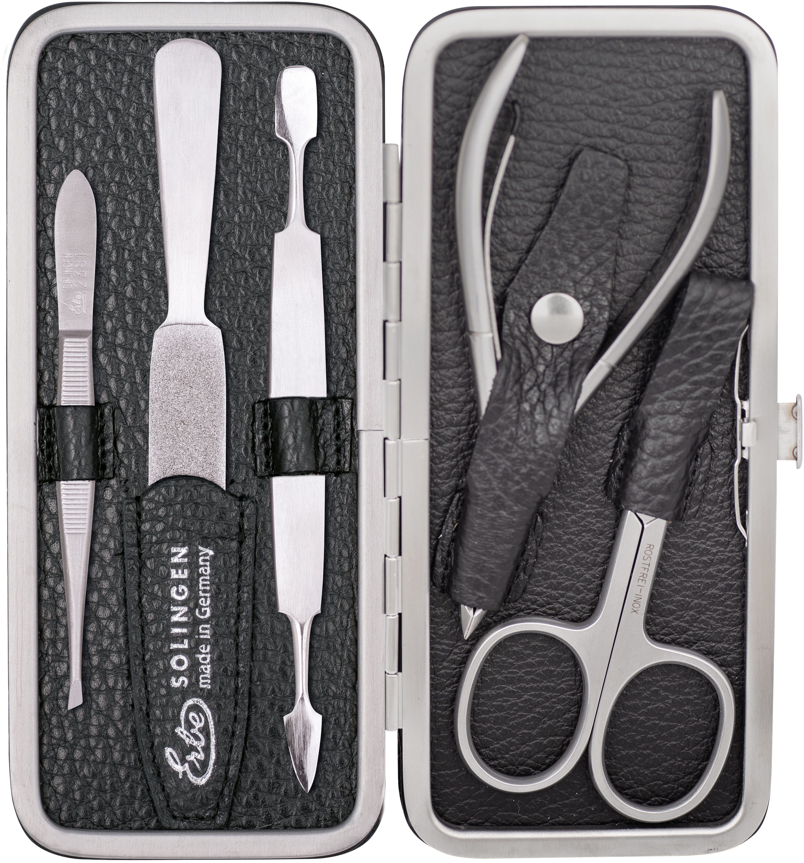ERBE Maniküre-Etui ERBE Maniküre Set Bügel-Etui Serie "Piemont", schwarz, 5-tlg., Inox, 5 tlg., Echtleder, rostfreie Instrumente, Hergestellt in Solingen/Deutschland