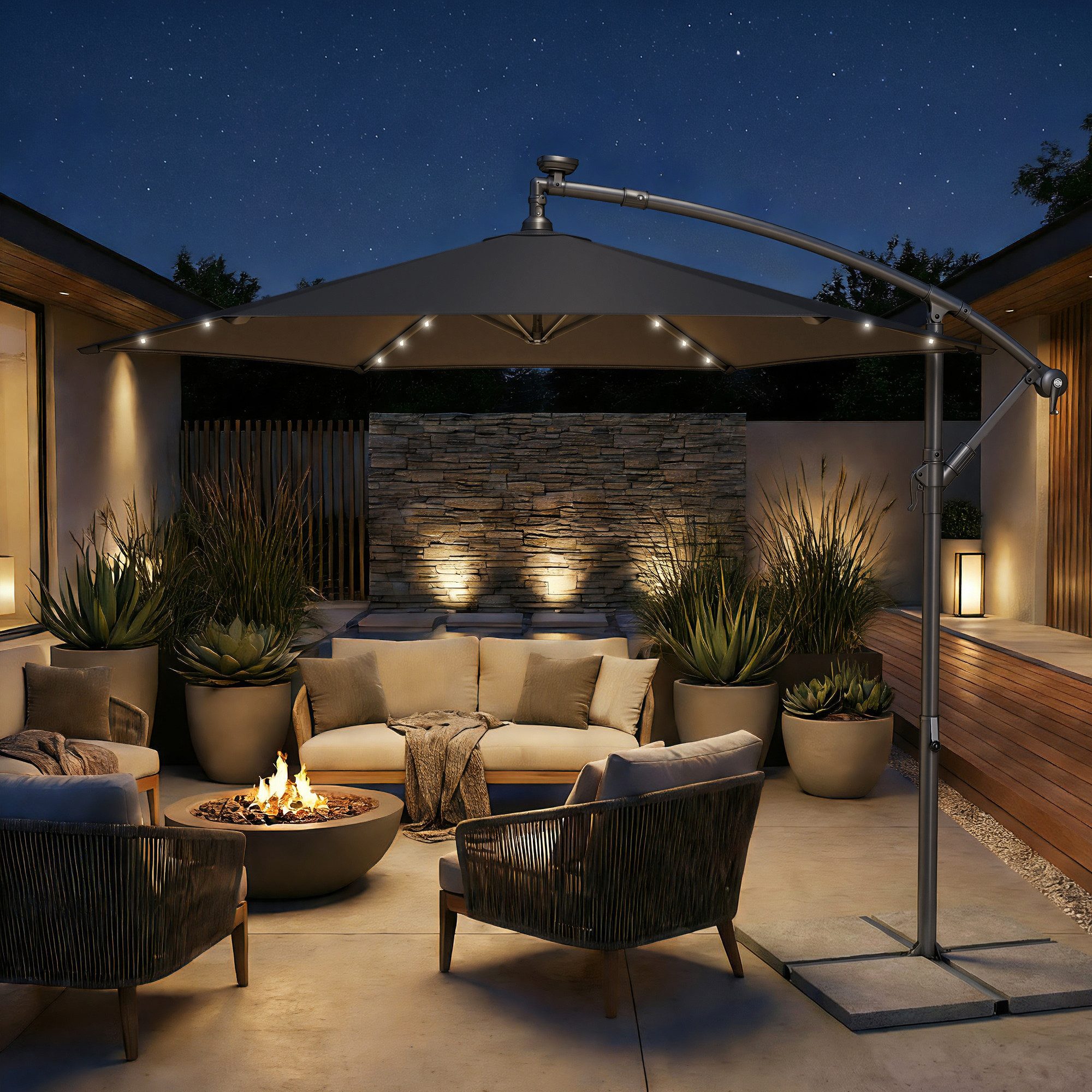 SONGMICS Sonnenschirm, Ø 300 cm,LED-Solar-Beleuchtung,UPF 50+,mit Ständer