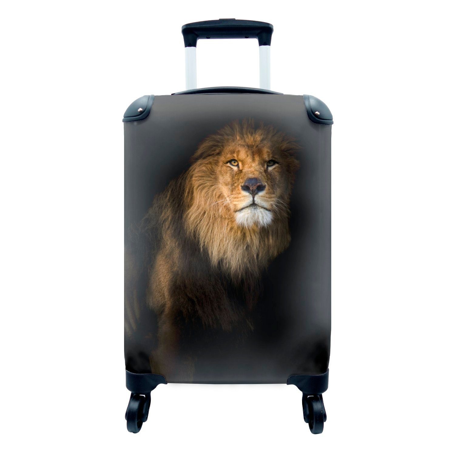 MuchoWow Handgepäckkoffer Close-up-Porträt eines Löwen mit schwarzem Hintergrund, 4 Rollen, Reisetasche mit rollen, Handgepäck für Ferien, Trolley, Reisekoffer