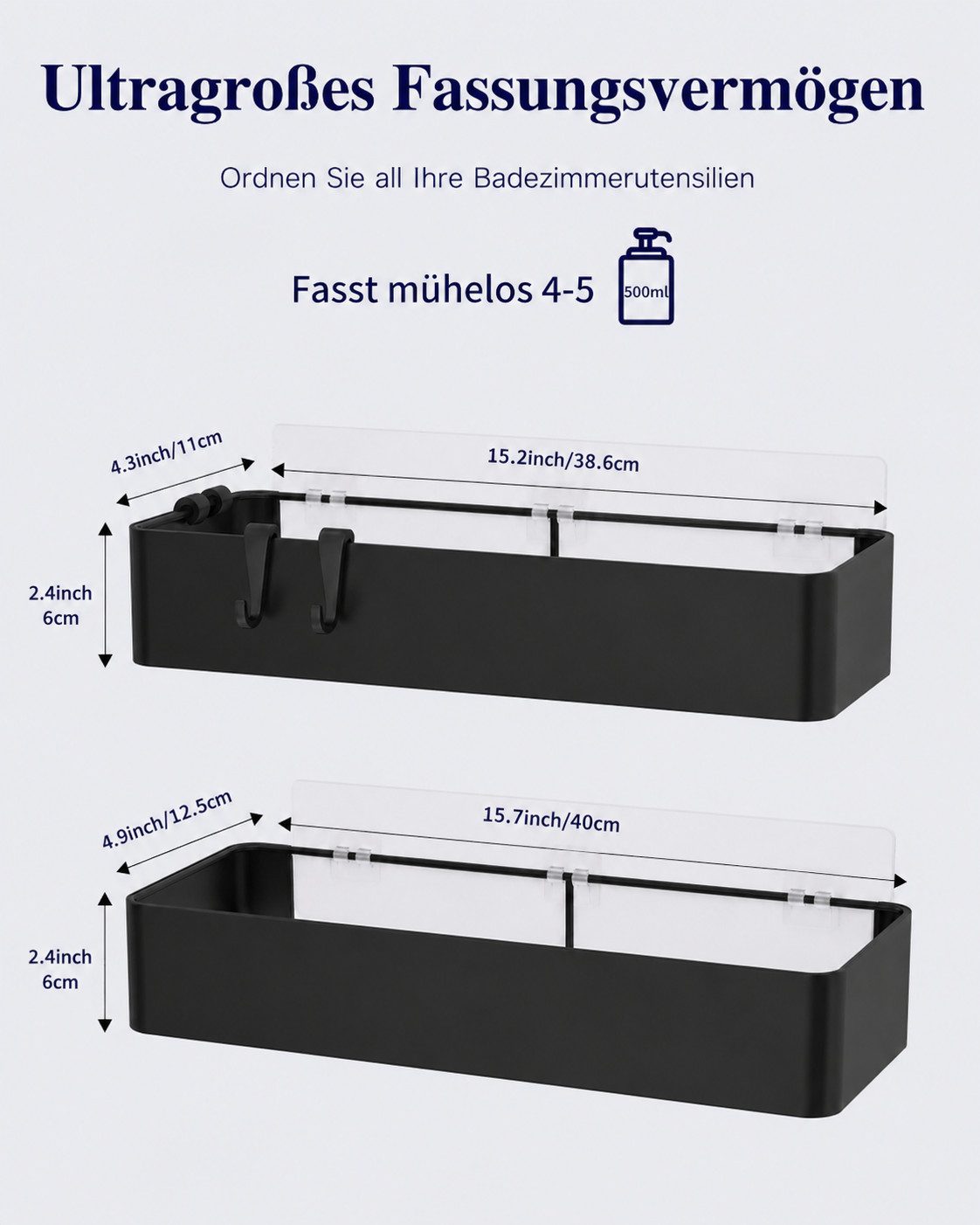 Forrlite Duschregal Duschablage ohne Bohren 2er Set, rostfreies Badregal mit 4 Haken, Duschablage ohne Bohren 2er Set, schwarzes rostfreies Badregal selbstklebend mit 4 Haken